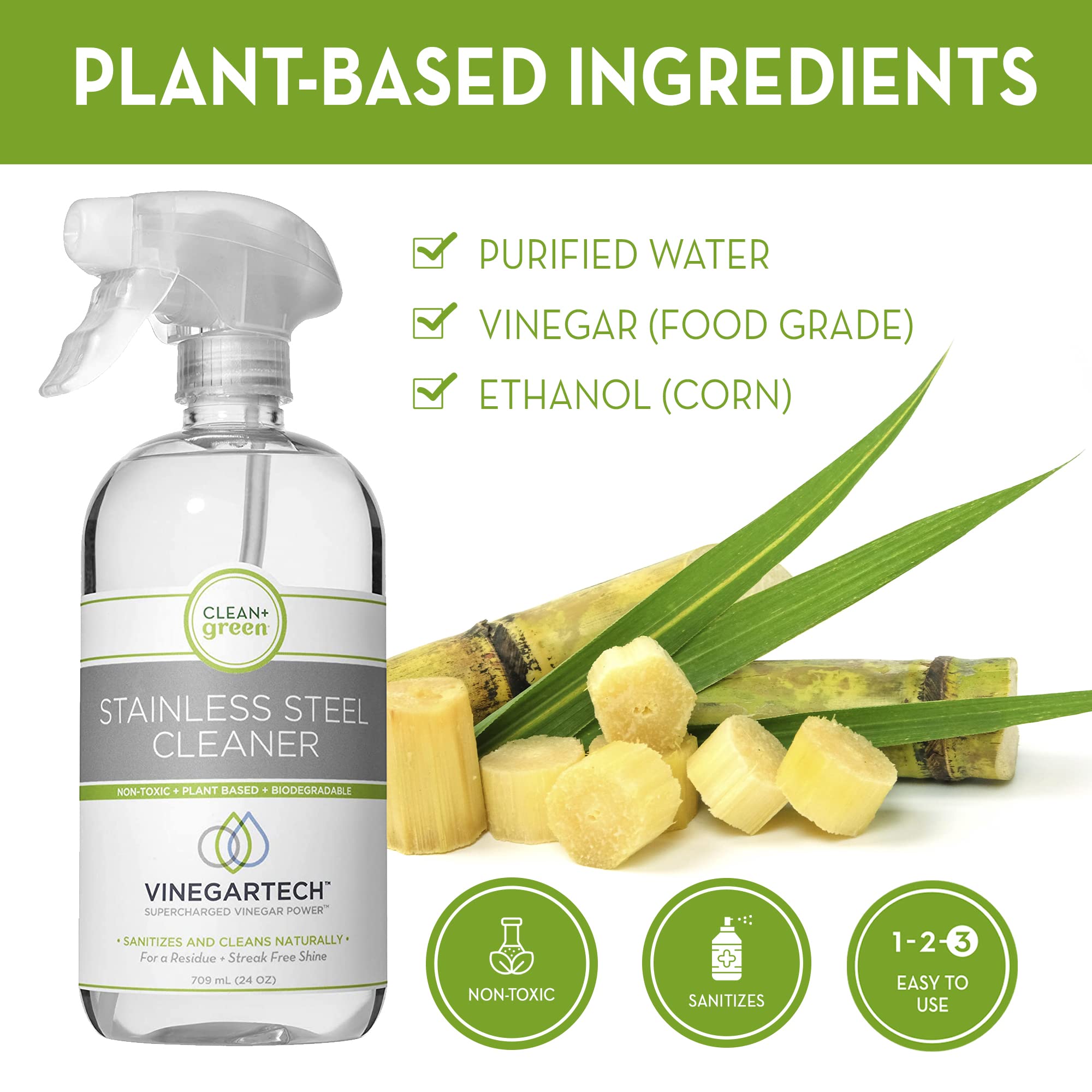 Clean+Green VinegarTech Stainless Steel Cleaner to Remove Residue, Fingerprints and Smudges, 24 Fl Oz - Eco-Friendly, Plant-Based Vinegar Spray