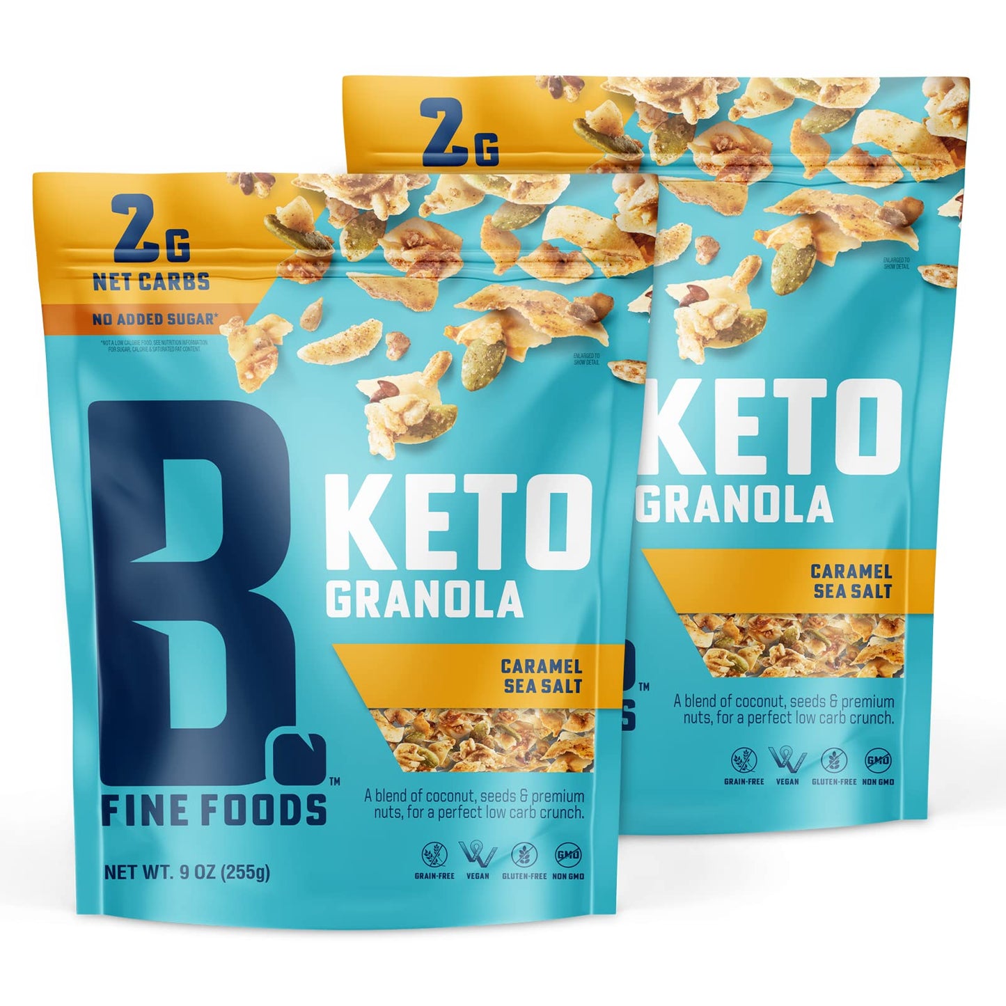 B. Fine Foods Keto Granola High Protein Snack Caramel Sea Salt - Breakfast Blend of Coconut, Seeds & Nuts - 2g Net Carbs, Gluten & Grain-Free, Kosher