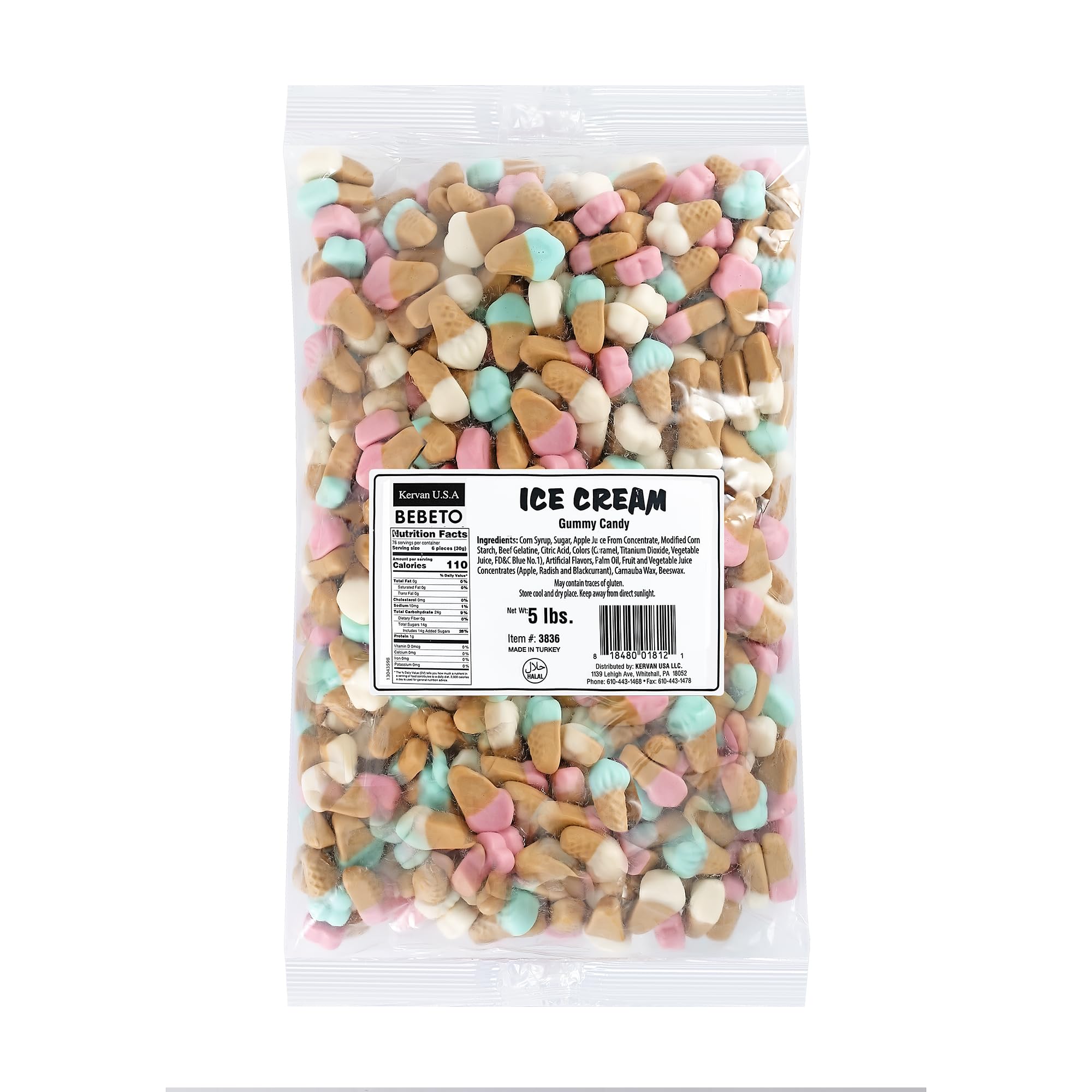 Kervan Candy Bebeto Ice Cream Gummies - Fruity, Soft & Sweet Gummy Candy Bulk for Kids, Gift Snacks and Parties - Small, Gluten Free Ice Cream Cones