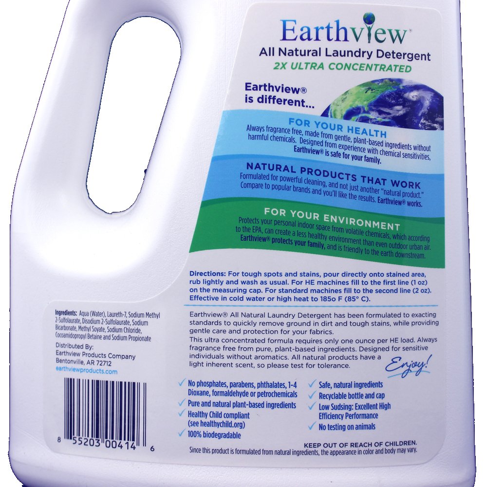 Earthview Liquid Laundry Detergent, Fragrance Free, 2 pk/ 50 oz- Designed for Environmental Sensitivities (MCS, EI, MI) Sensitive Skin, Unscented