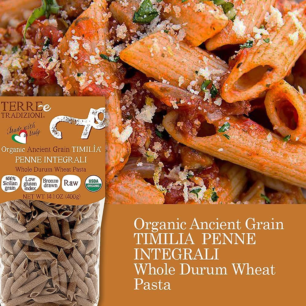 Tere e Tradizionni Organic Timilia/Tumminia Low-Gluten Index Whole Wheat Penne Pasta - Ancient Grains Grown in Sicily Italy - Al Dente Texture