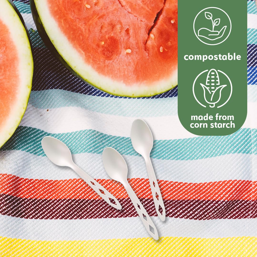100% Compostable Non Plastic Spoons [100 Pack] CPLA Disposable Spoons. Non Plastic Silverware Set. Eco-Friendly Cutlery, Off White Flatware, Extra