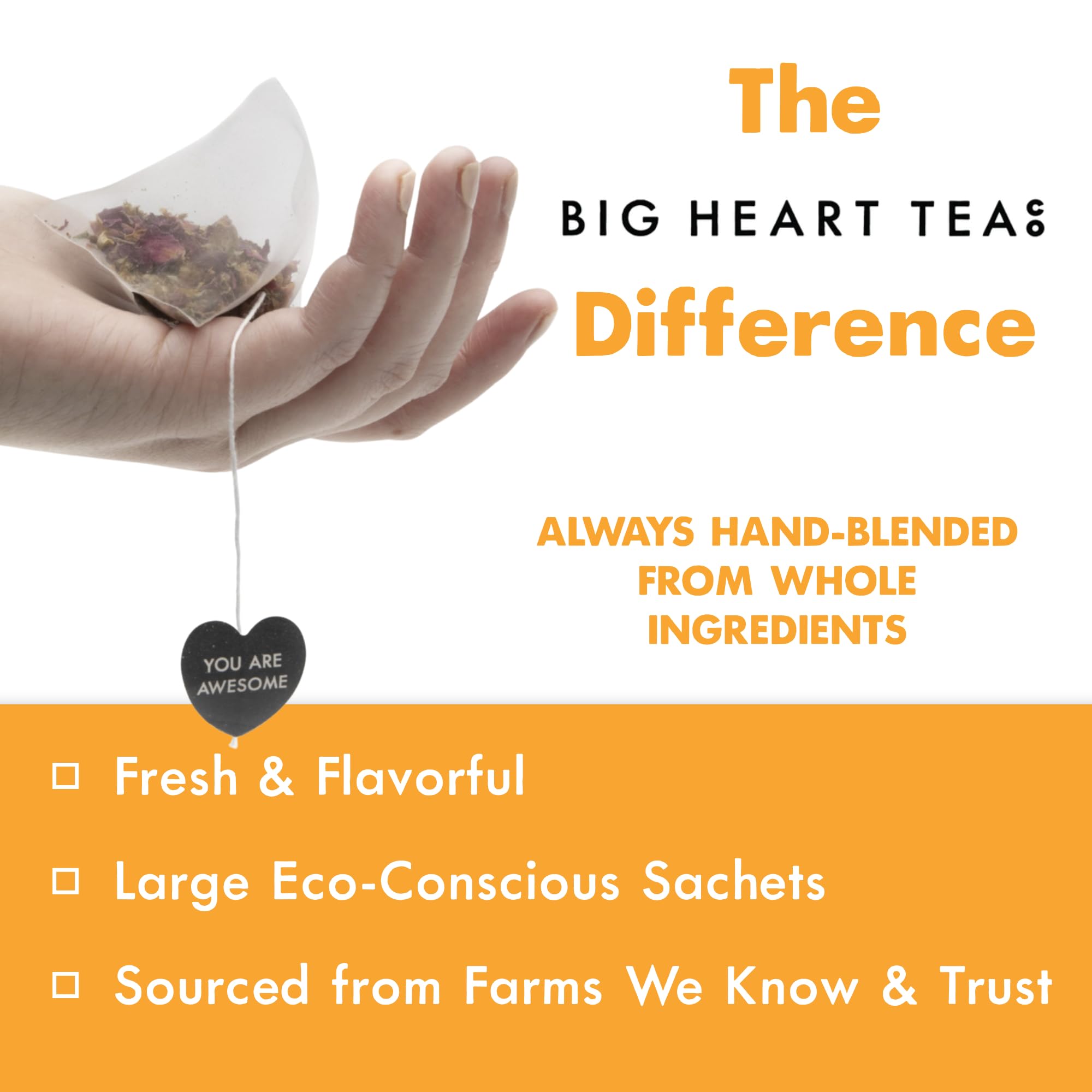 Big Heart Tea Co. Ginger Turmeric Tea, Certified Organic Tea Bags (20 Count) Herbal Caffeine Free Blend with Adaptogenic Tulsi, Peppercorn, Cinnamon