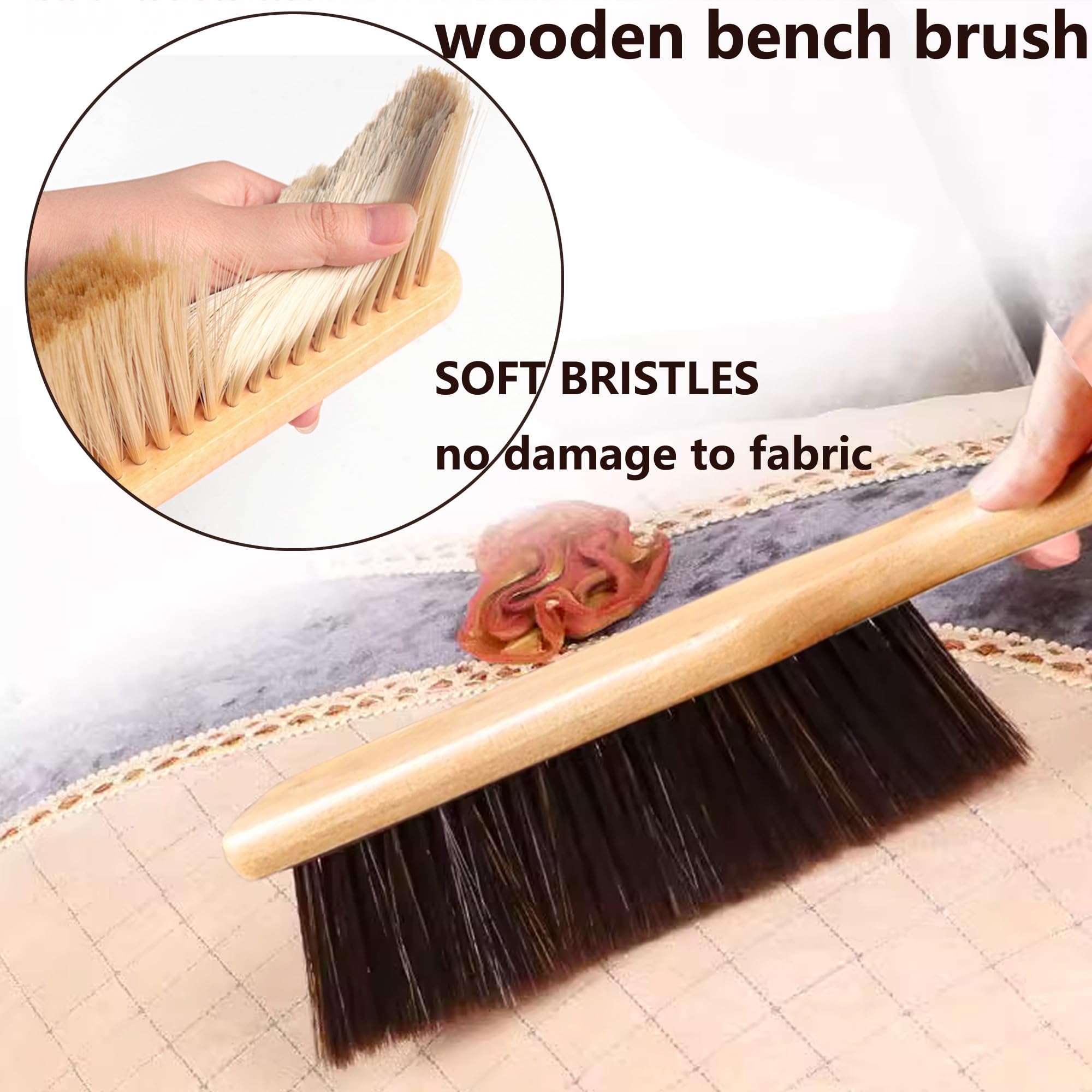 2 Pieces Woooden Dust Brush Hand Broom Bench Brush with Long Wood Handle Whisk Broom Soft Bristle Brush for Counter Bed Sofa Car Fireplace Clothes