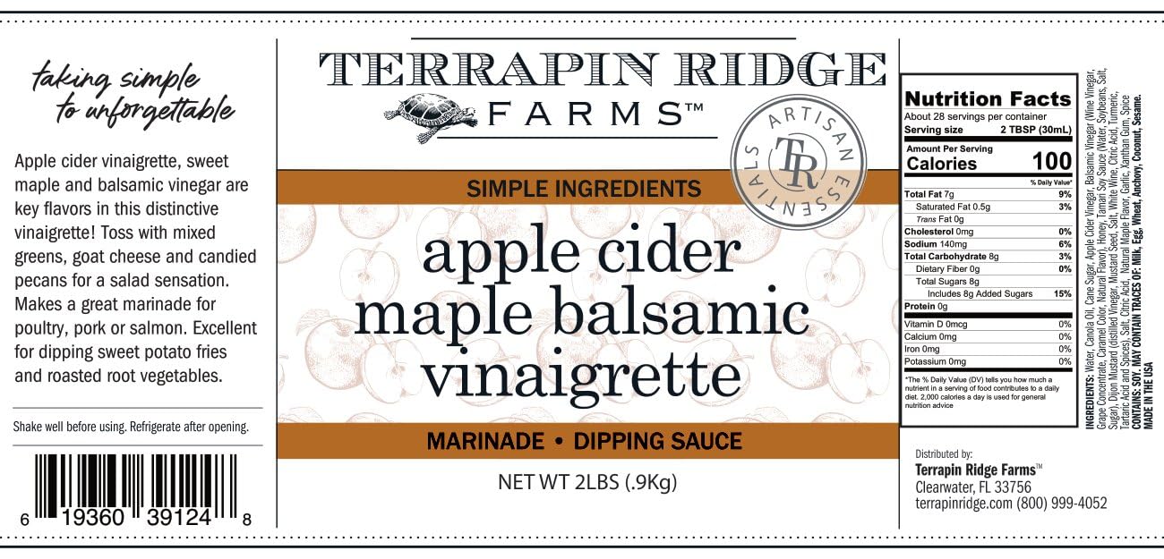 Terrapin Ridge Farms Apple Cider Maple Balsamic Vinaigrette - Gourmet Salad Dressing and Marinade - 1 Quart Bottle