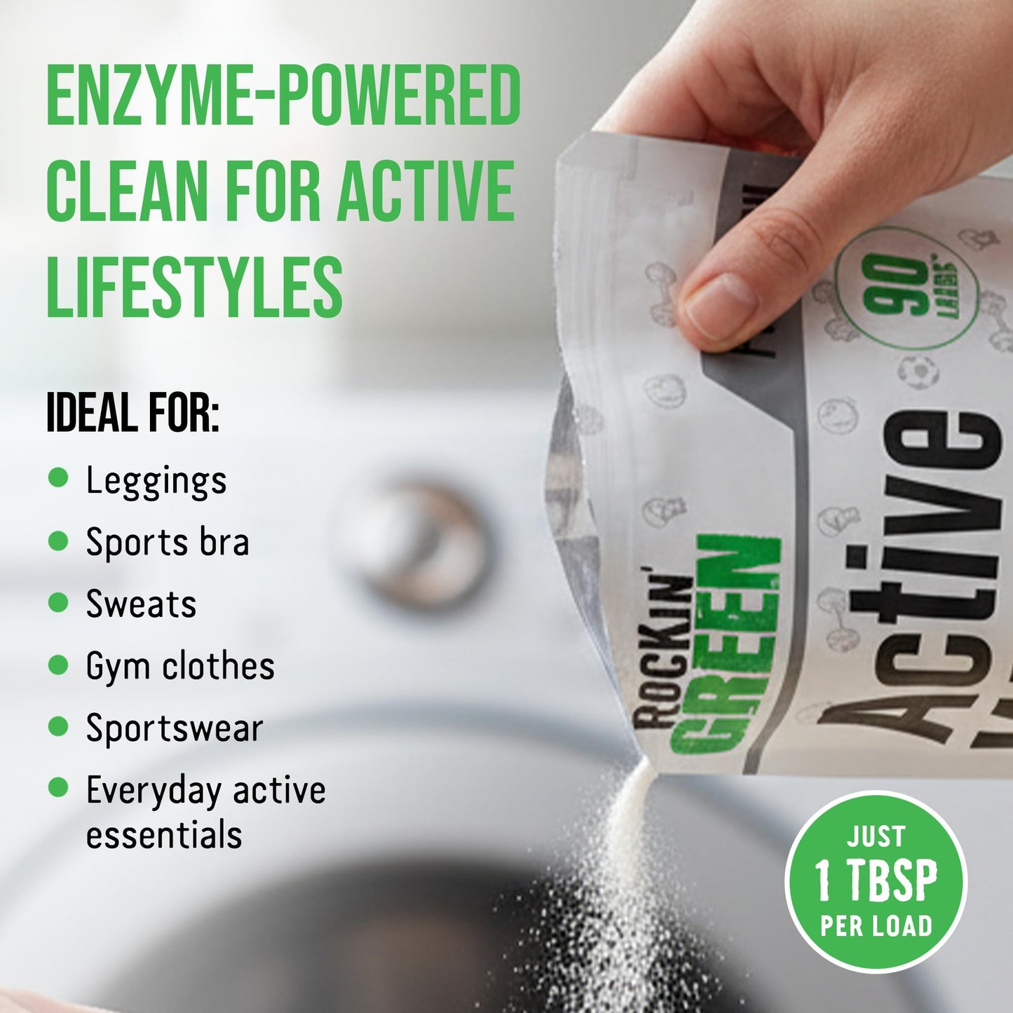 Rockin’ Green Active Wear Laundry Detergent - Unscented Laundry Detergent Powder & Odor Eliminator - Workout Clothes & Sportswear - Safe for Sensitive
