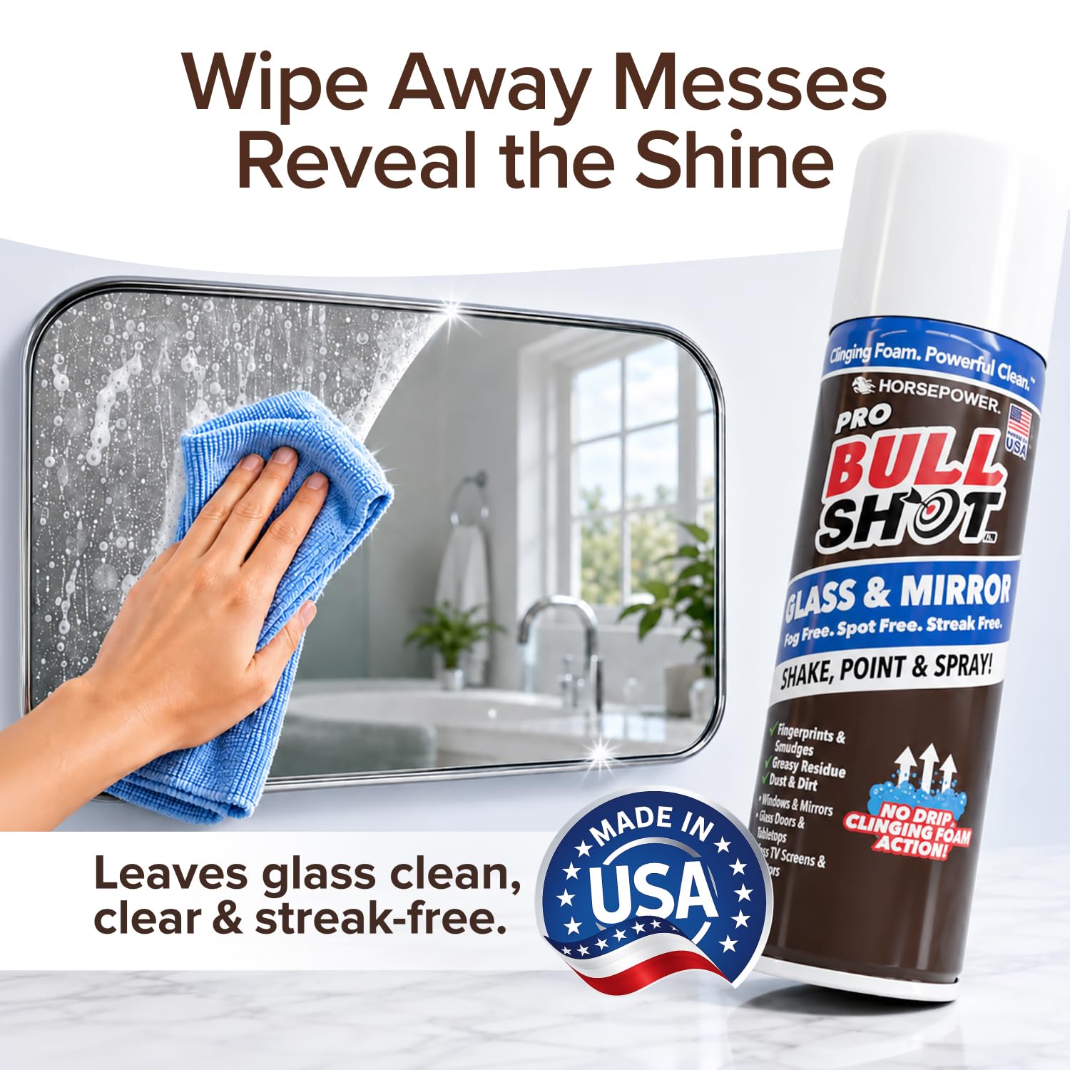 Horsepower Bull Shot Glass & Mirror Cleaner, As Seen On TV, No-Drip Foaming Glass Cleaner for Mirrors, Windows & TV Screens, Made in USA