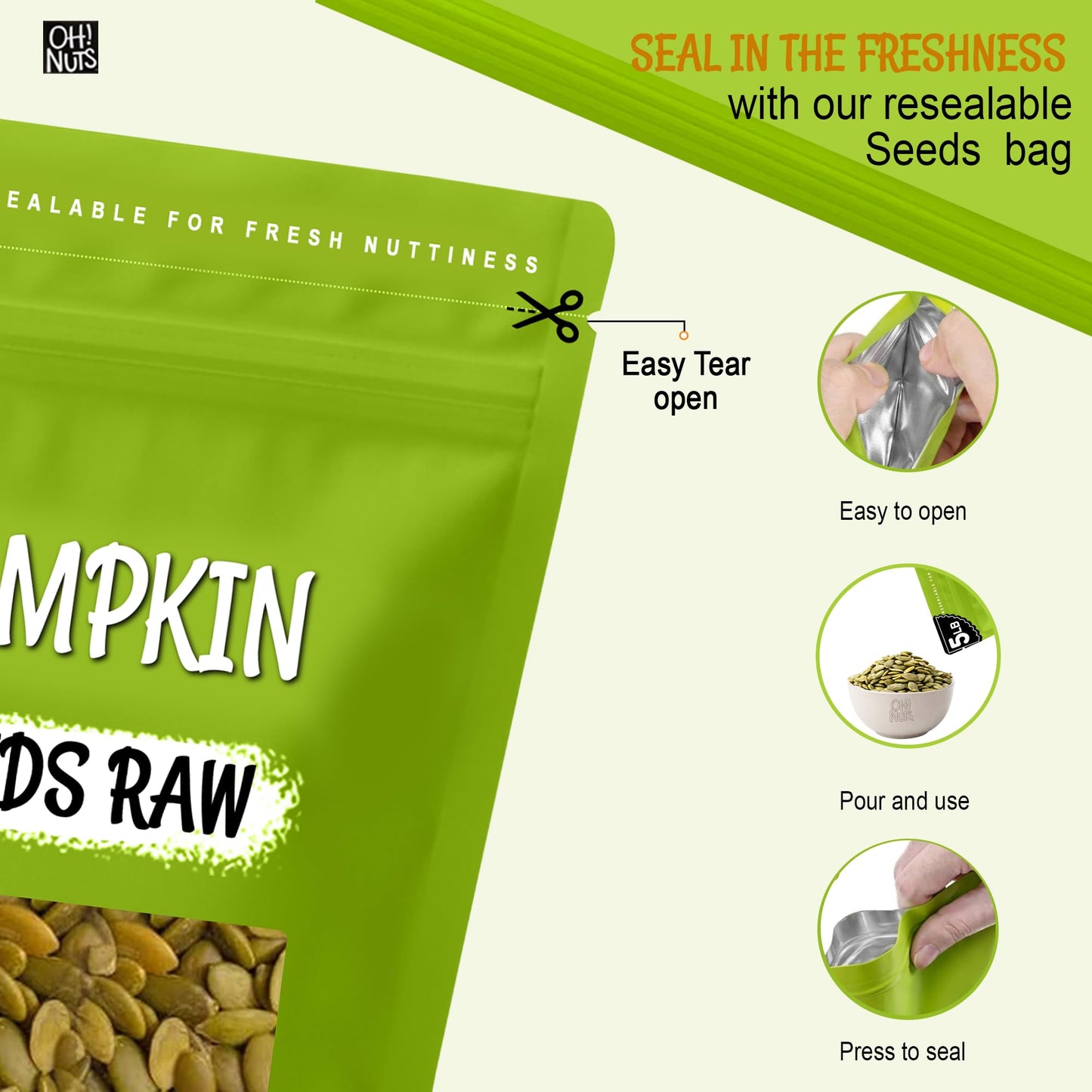Oh! Nuts Pepitas Raw Unsalted Pumpkin Seeds - Resealable 5-Pound Bulk Bag - All-Natural Protein Power - Fresh, Healthy Snacks - Unshelled Pepitas