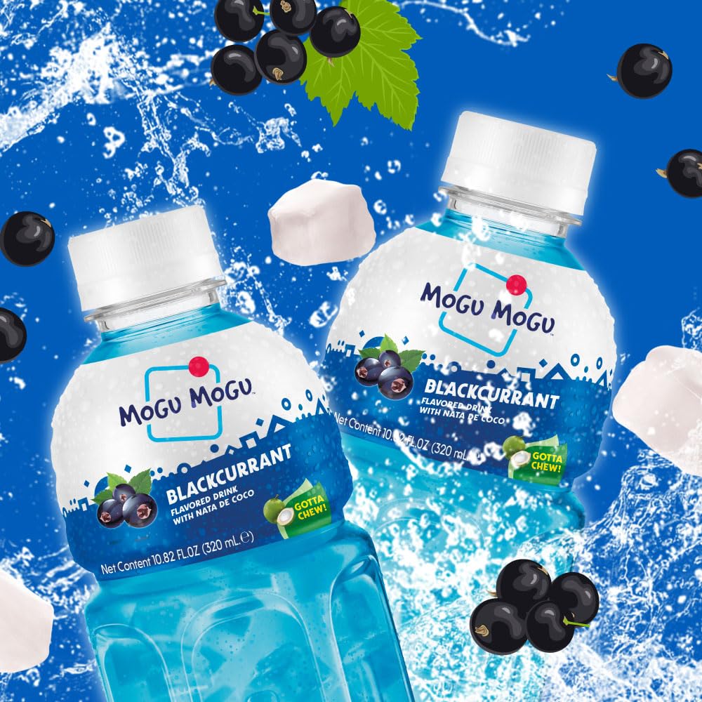 Mogu Mogu Blackcurrant Juice Drink with Nata de Coco - Bold Fruit Flavor with Chewy Coconut Jelly, 10.8oz Bottles (Pack of 6) - Fun-to-Drink, Juicy