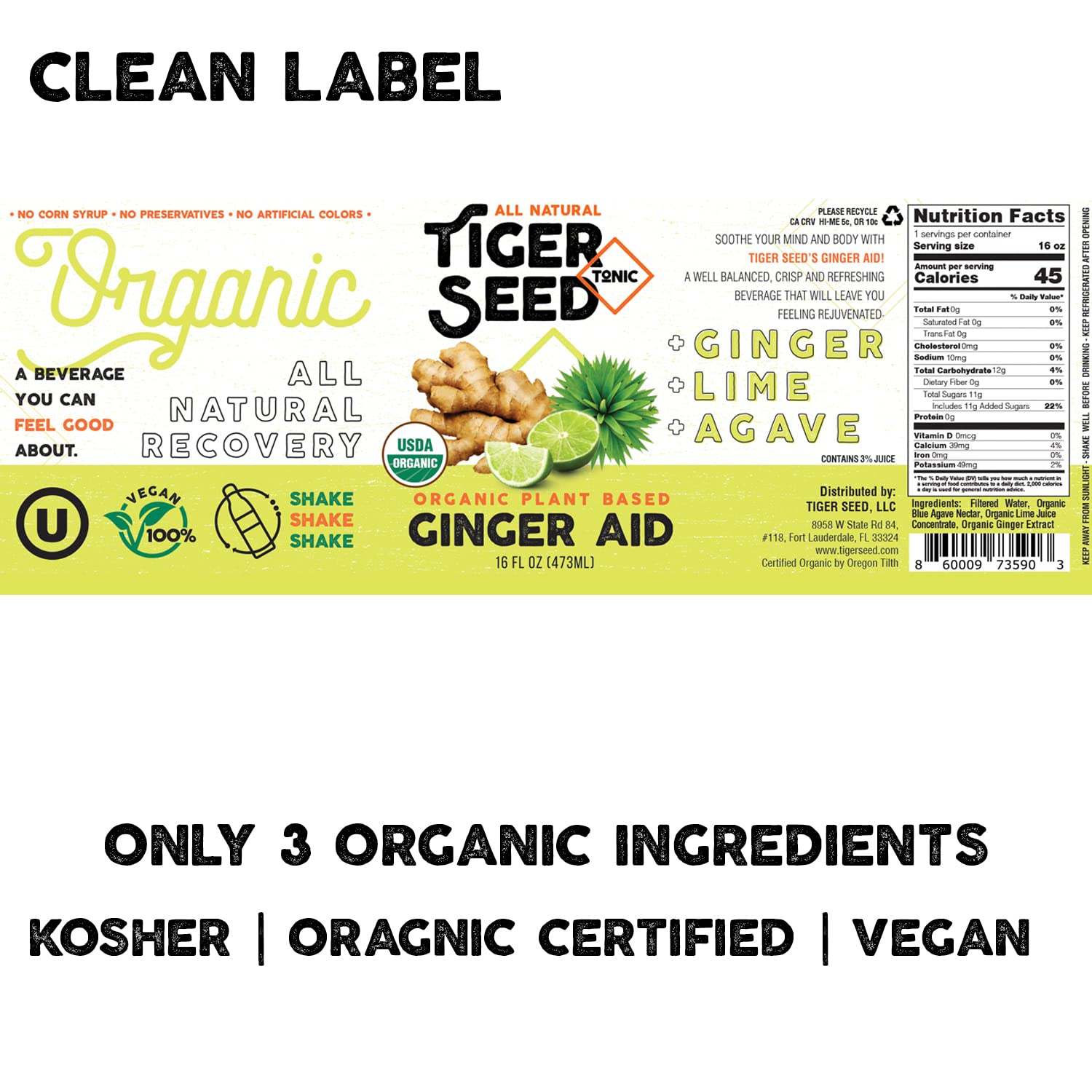 Ginger Aid - Tiger Seed - Plant Based Immunity and Recovery Support - 16 FL OZ Bottles (Pack of 9) Ginger, Lime Juice and Agave -Organic, Vegan