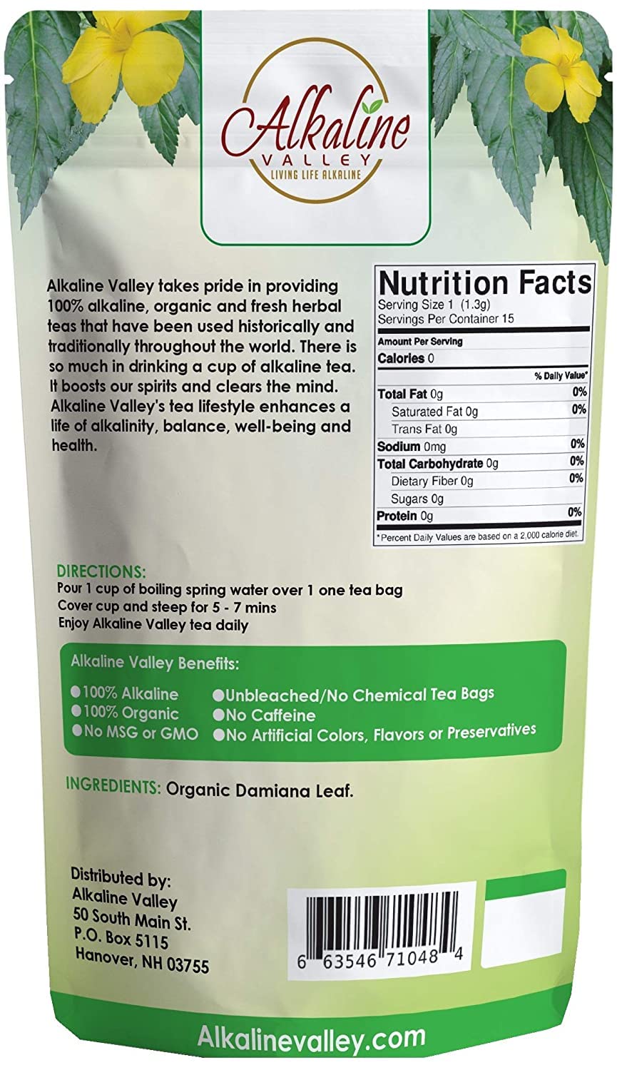 Organic Damiana Tea - 100% Alkaline - 15 Unbleached/Chemical-Free Damiana Tea Bags - Caffeine-Free, No GMO