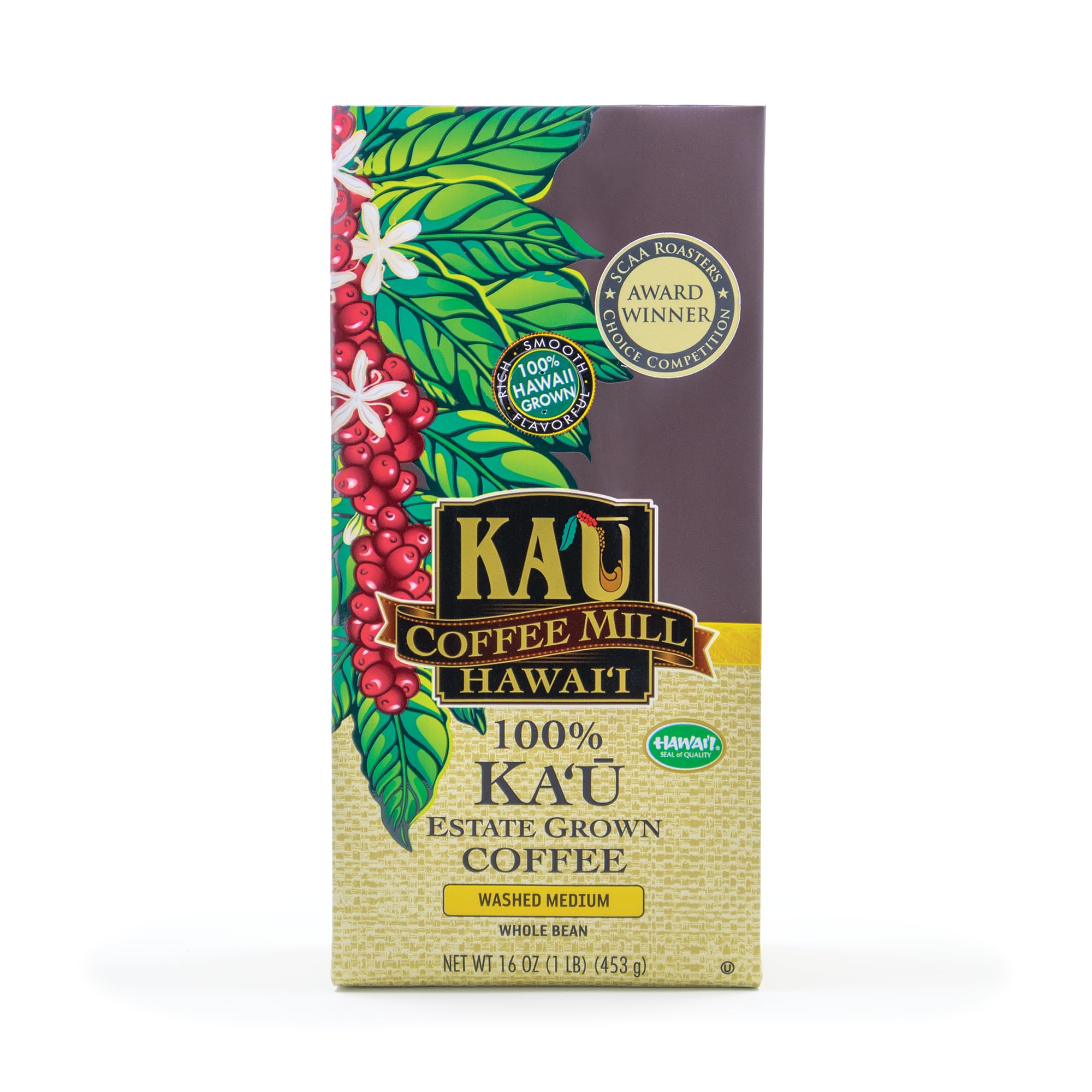 Ka'u Coffee Mill Washed Medium Roast Whole Bean - Bright Aroma - Plum & Citrus Notes - Handpicked & Washed Processed Hawaii Grown Arabica Beans
