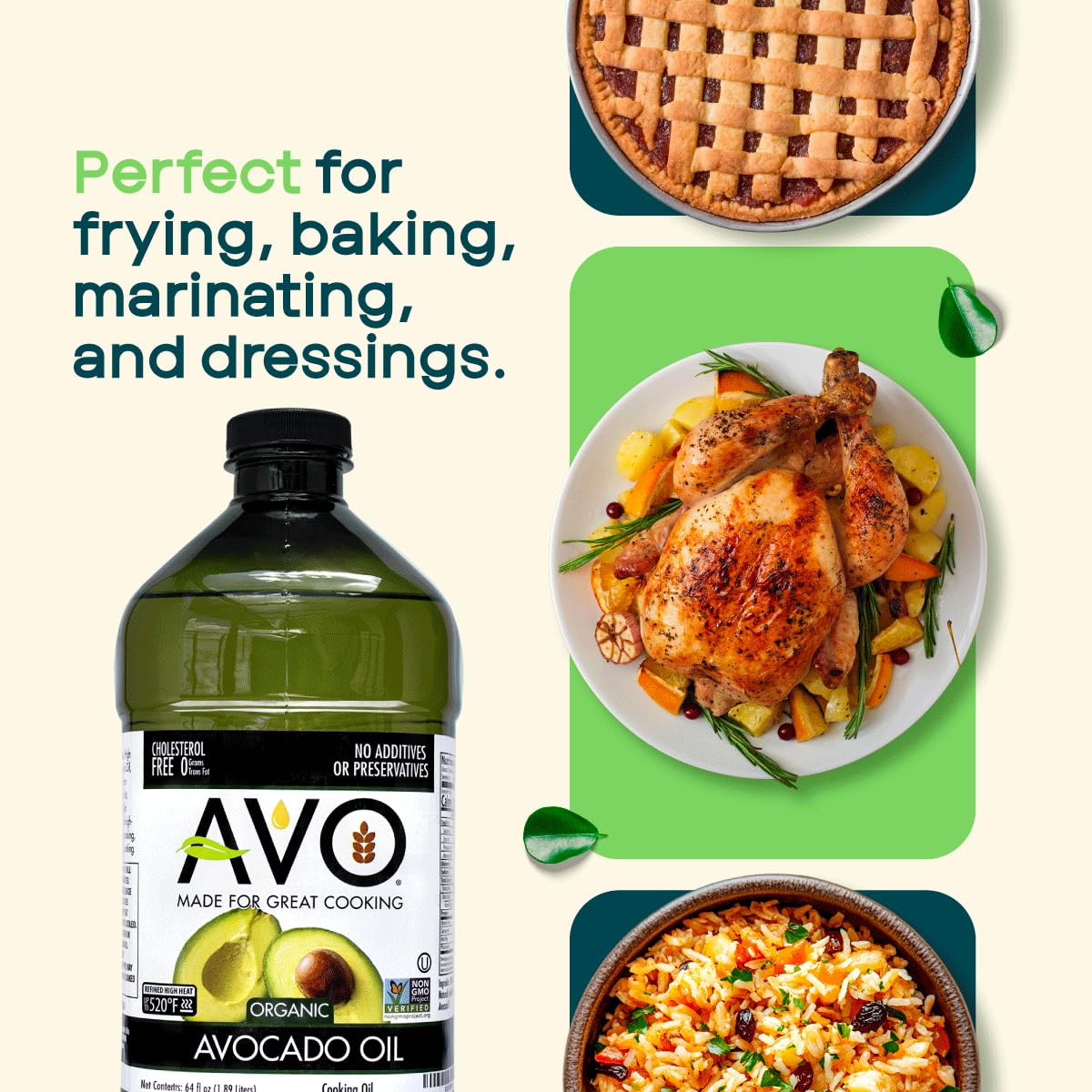 AVO Organic Avocado Oil for Cooking, Frying, Baking, Salads, Vinaigrette, Marinades - General Organic Cooking Oil 64 Fl-oz (Half a Gallon), NO