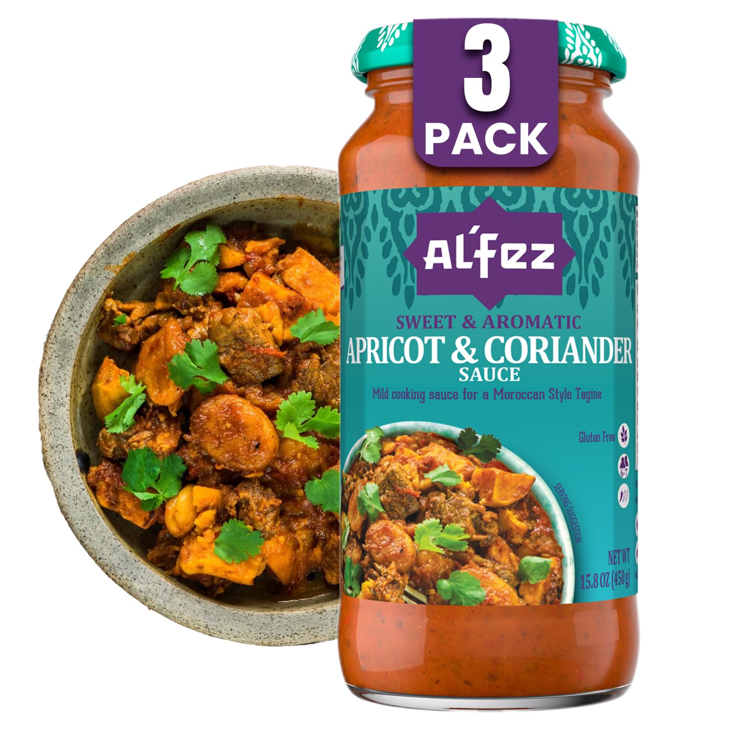 Al’Fez Apricot and Coriander Sauce - 15.8 oz Jar (Pack of 3) - Mild Tomato-Based Cooking Sauce w/Aromatic & Herby Sweet Flavor - Perfect for Moroccan