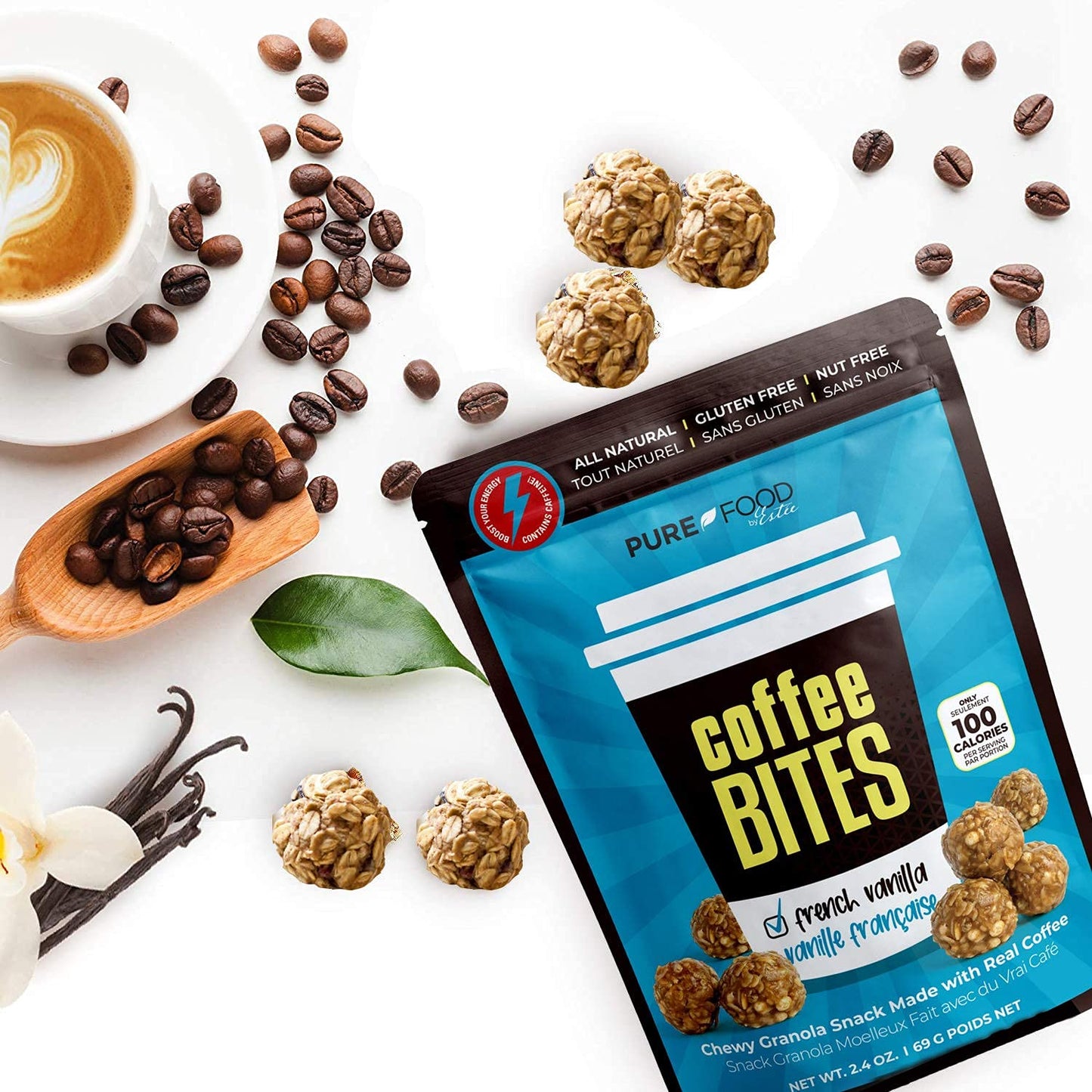 French Vanilla Energy Balls with Caffeine Vegan Granola Balls, Coffee Granola Organic Gluten Free, Keto Granola Bites Organic, Low Carb Granola Nut