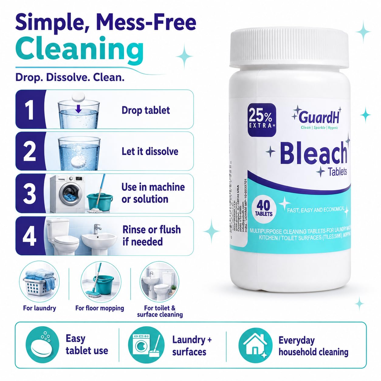 Bleach Tablets for Laundry & Household Cleaning - 40 Count Fast Dissolving Bleach Tabs for Washer, Toilet, Bathroom & Kitchen - Liquid Bleach