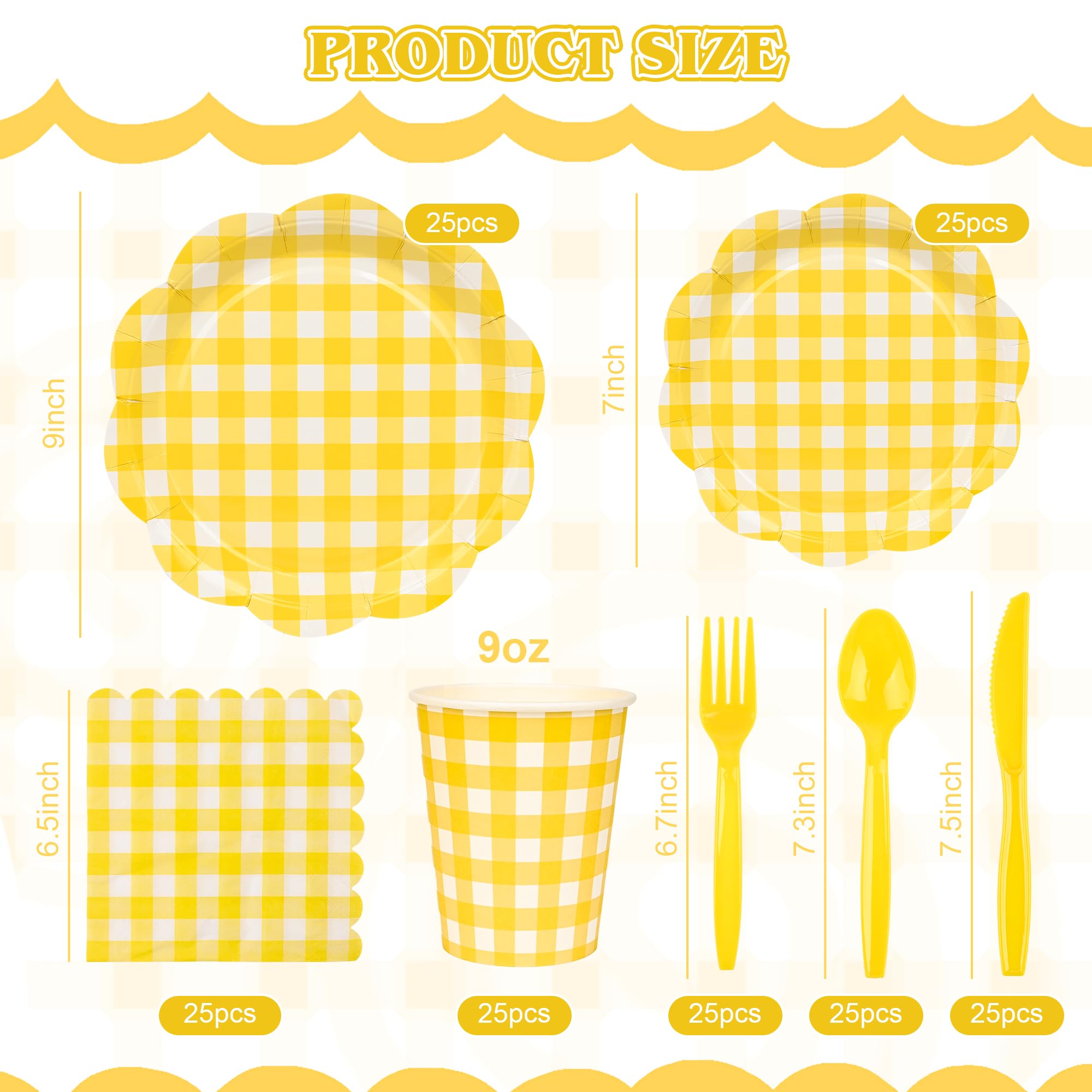 175 Pcs Yellow Gingham Plates and Napkins Party Supplies-Yellow and White Scalloped Paper Plates Disposable Plaid Cocktail Napkin Checkered Dinner