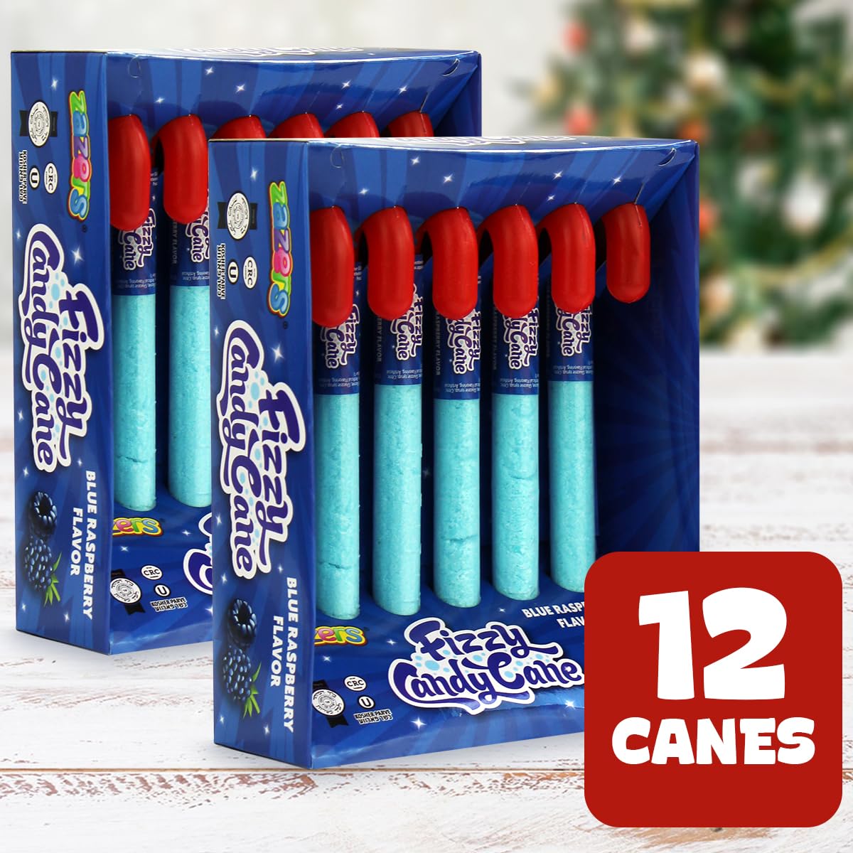Blue Fizzy Candy Cane, 12 Pack of Blue Raspberry Powder Candy Cane - Individually Wrapped Candy Canes - Christmas Holiday Indulgement - Full Size