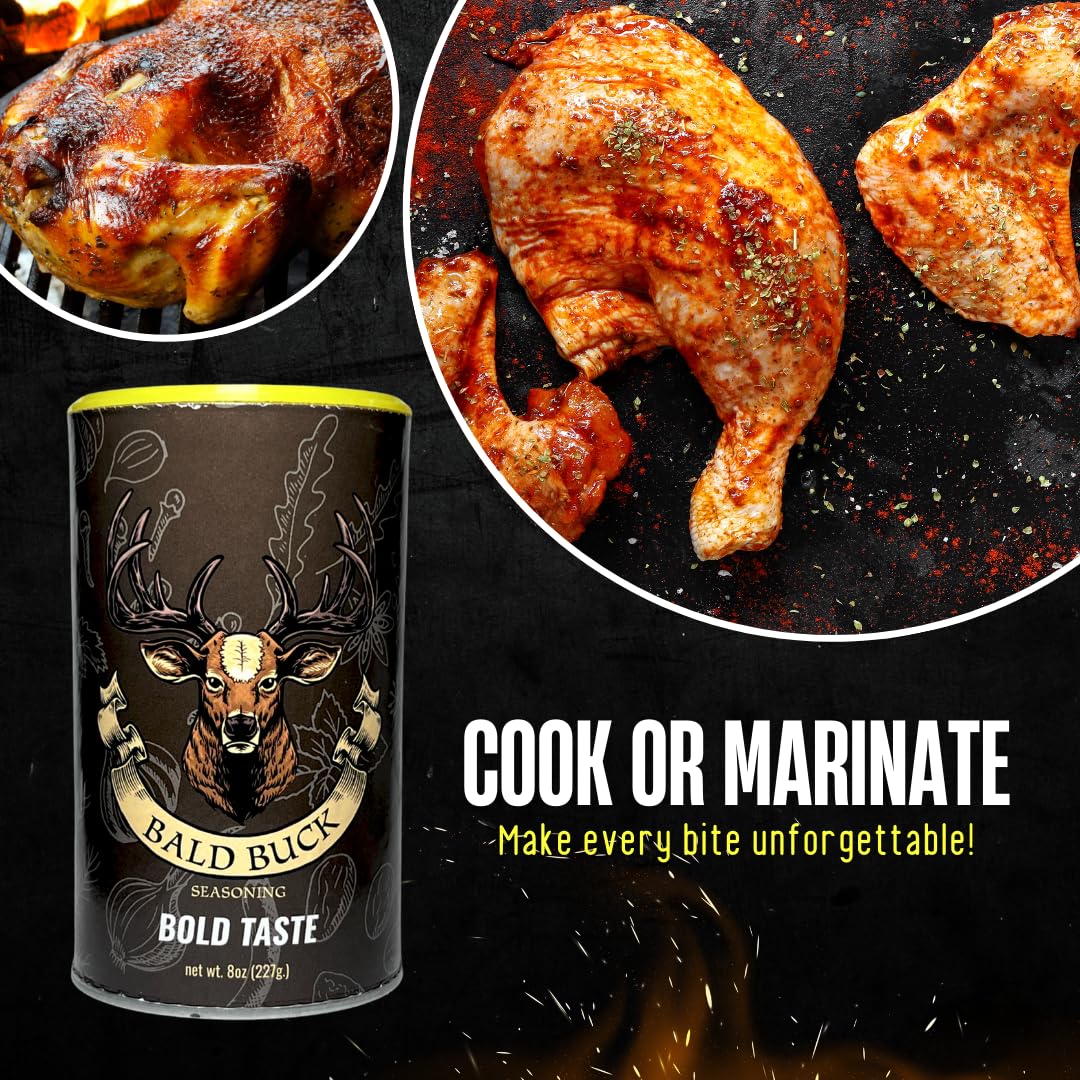 Bald Buck Seasoning Pack of 3, 8 Oz (2 Slow Burn + 1 Bold Taste) | Rib Rub BBQ Chicken Seasoning | BBQ Seasoning and Rub | Rotisserie Chicken