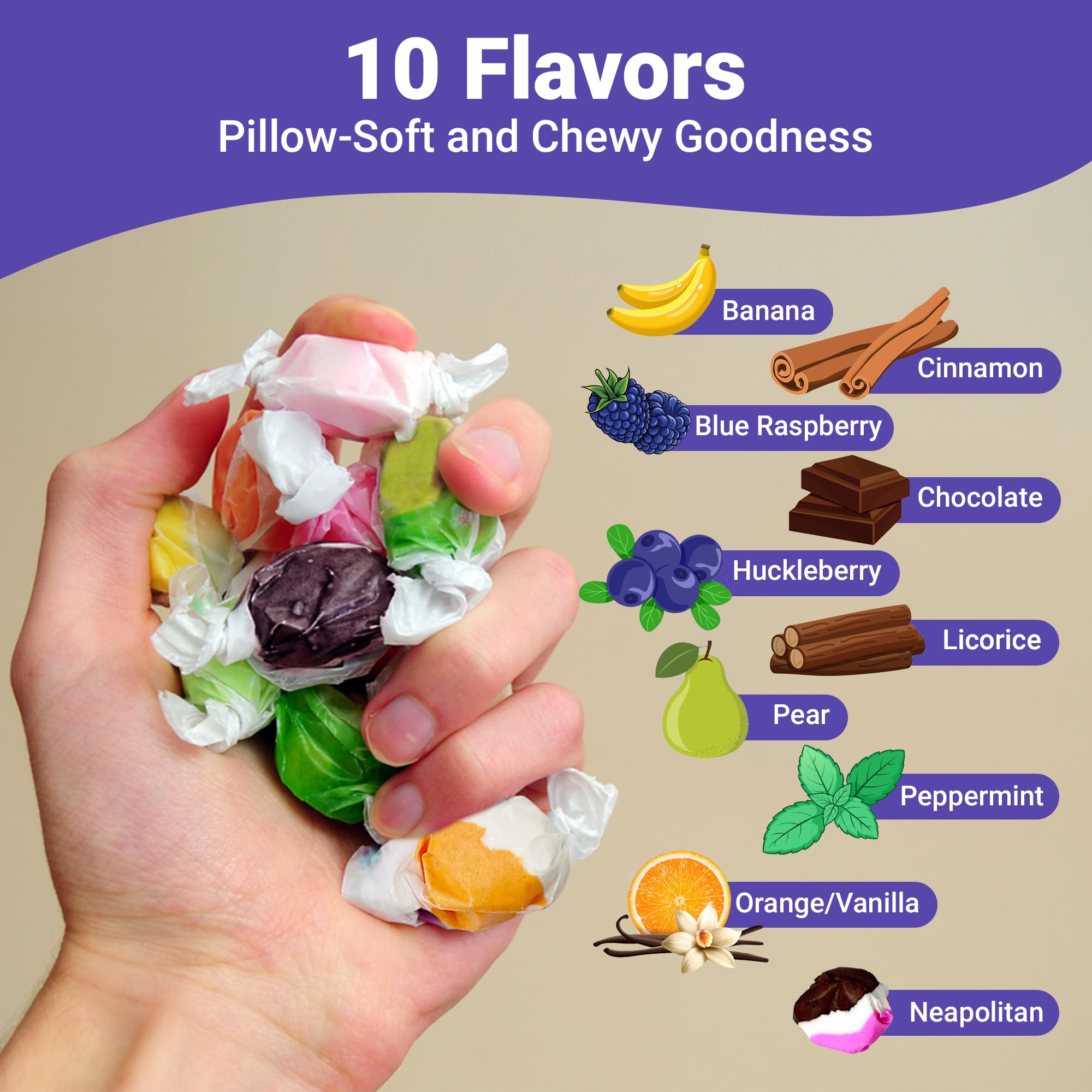 Salt Water Taffy Asorted Mix, Individually Wrapped - 1 Pound Bag - Saltwater Taffy Bulk Candy Individually Wrapped - Old Fashioned Retro Candy - Soft