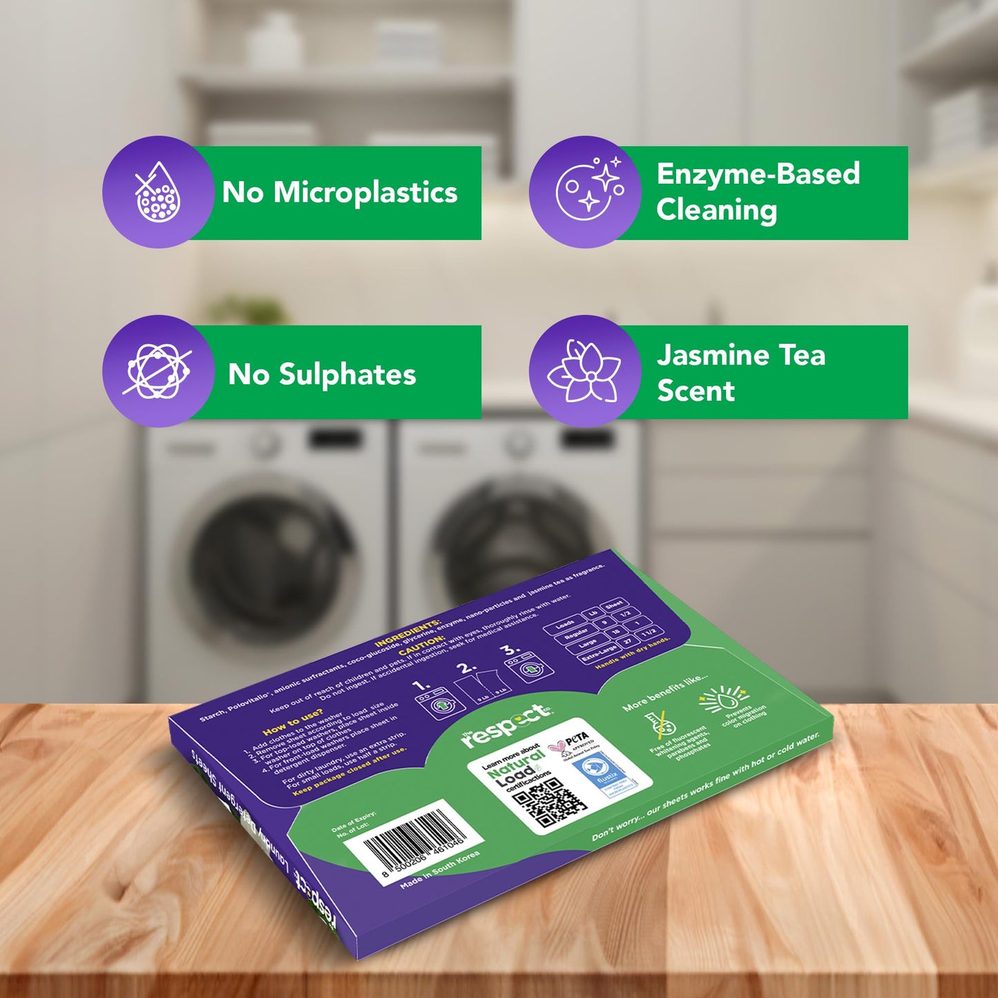 The Respect Co. Travel Laundry Detergent Sheets - Enzyme-Based Dissolvable Washing Machine Sheets - Phosphate & Plastic Free Laundry Detergent - Up