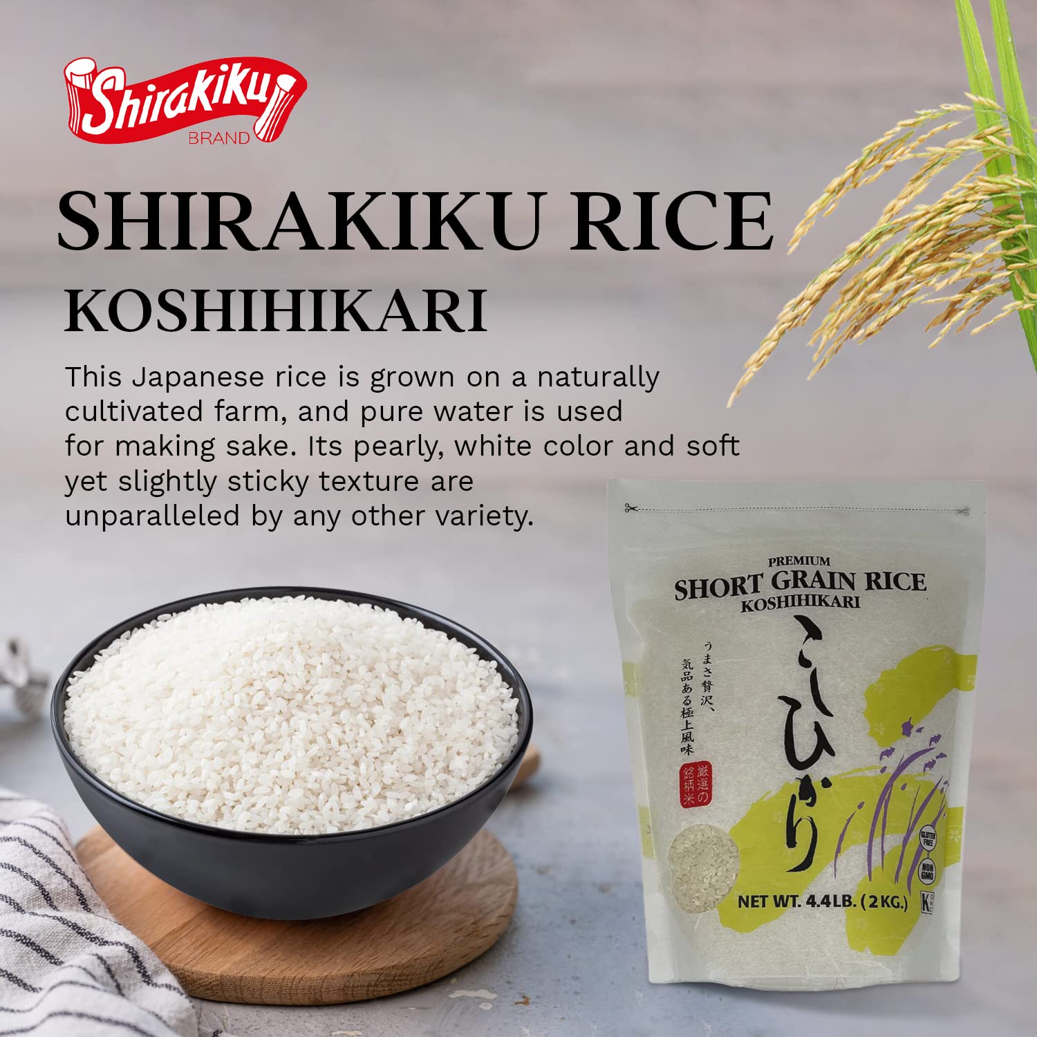 Shirakiku Dried Grains & Rice - Japanese Style Short Grain White Koshihikari - Uncooked Premium Quality Sweet Sticky Sushi Rice, 4.4 Pounds bag