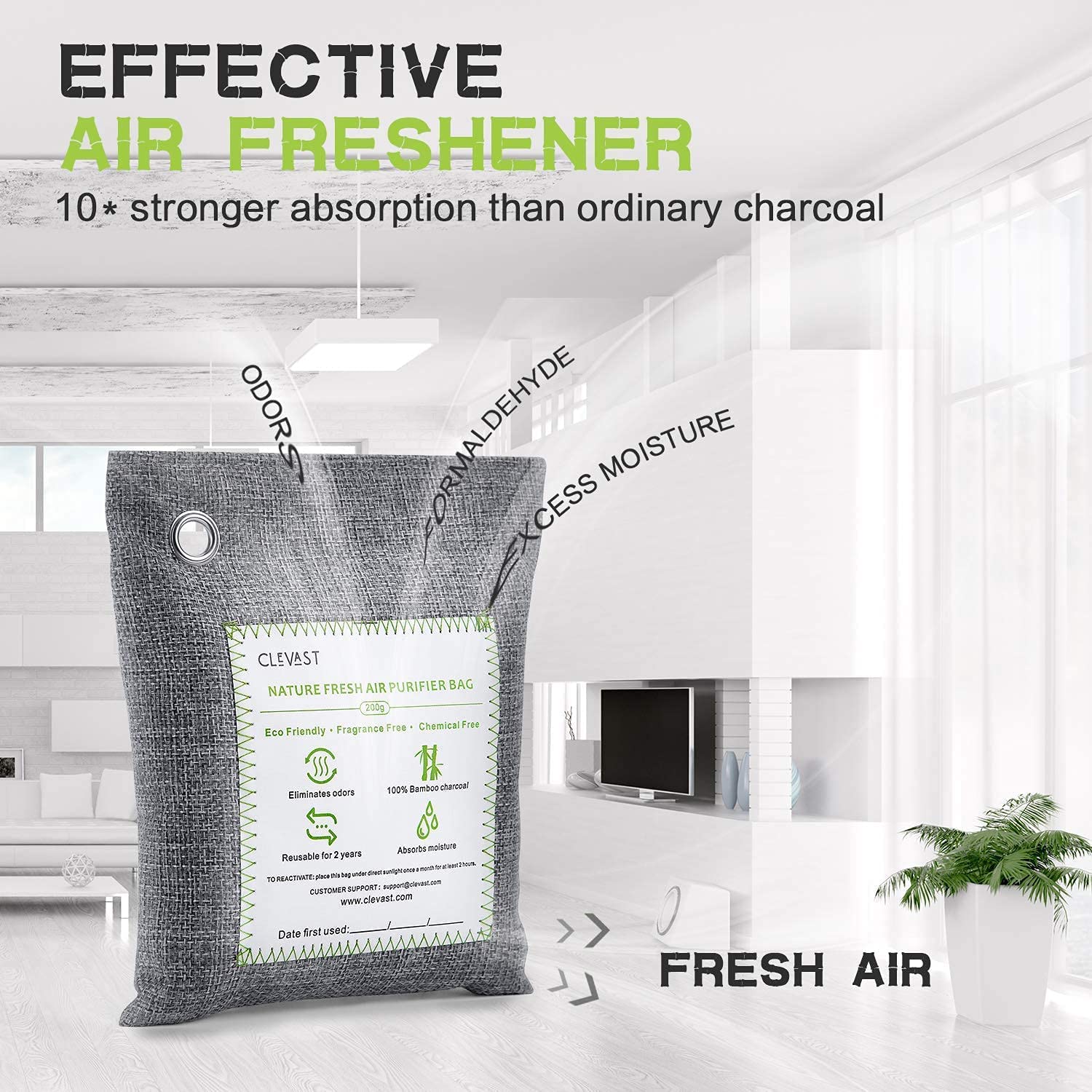 CLEVAST Bamboo Charcoal Air Purifying Bags - (Large, 4×200g), Removes Odors and Moisture, Nature Fresh Air Purifier Bags, Odor Eliminator for Home