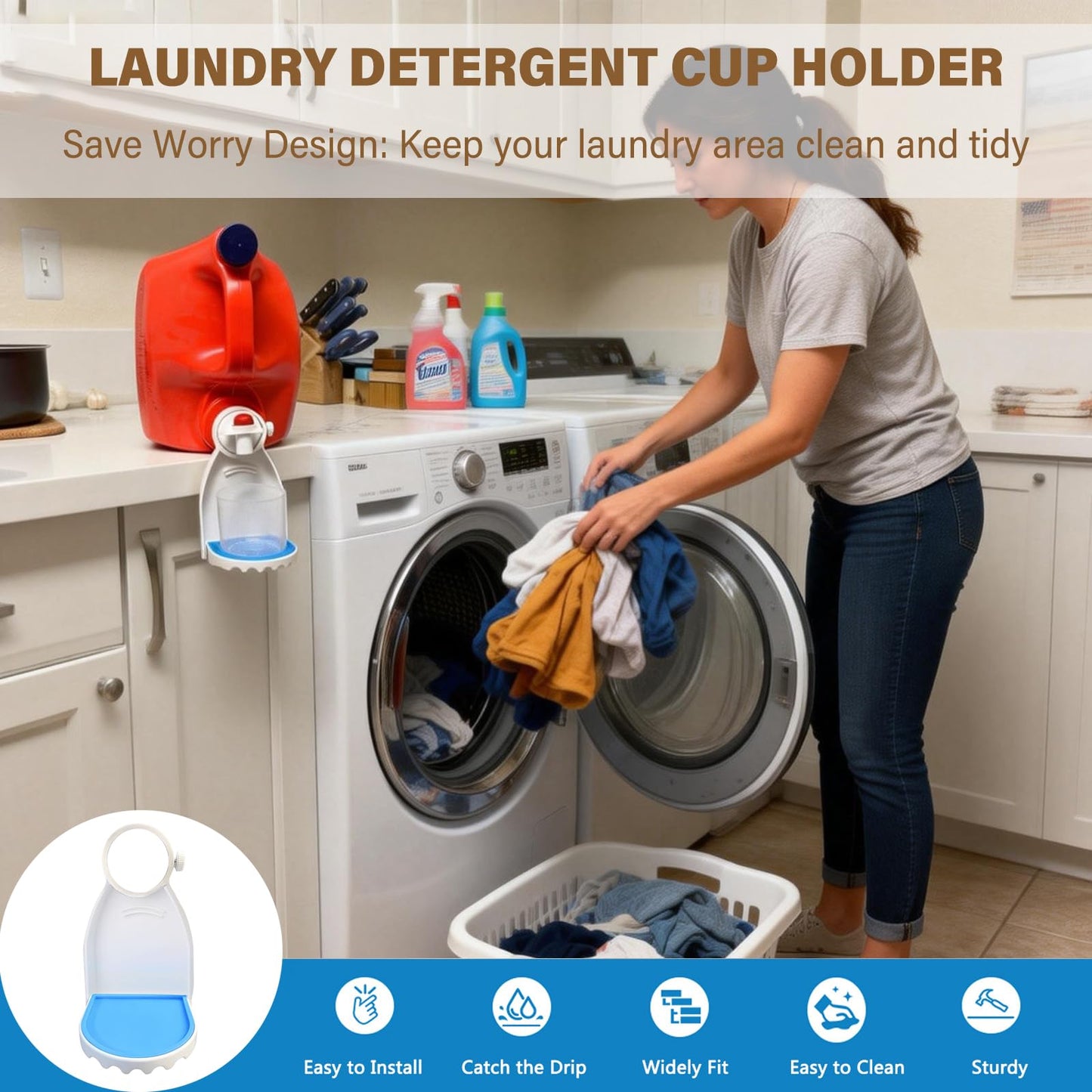 KLIVYA Laundry Detergent Cup Holder, 2 Pack, No More Mess or Leaks, Easy to Install, Suitable for Most Sizes Bottles, Unscented