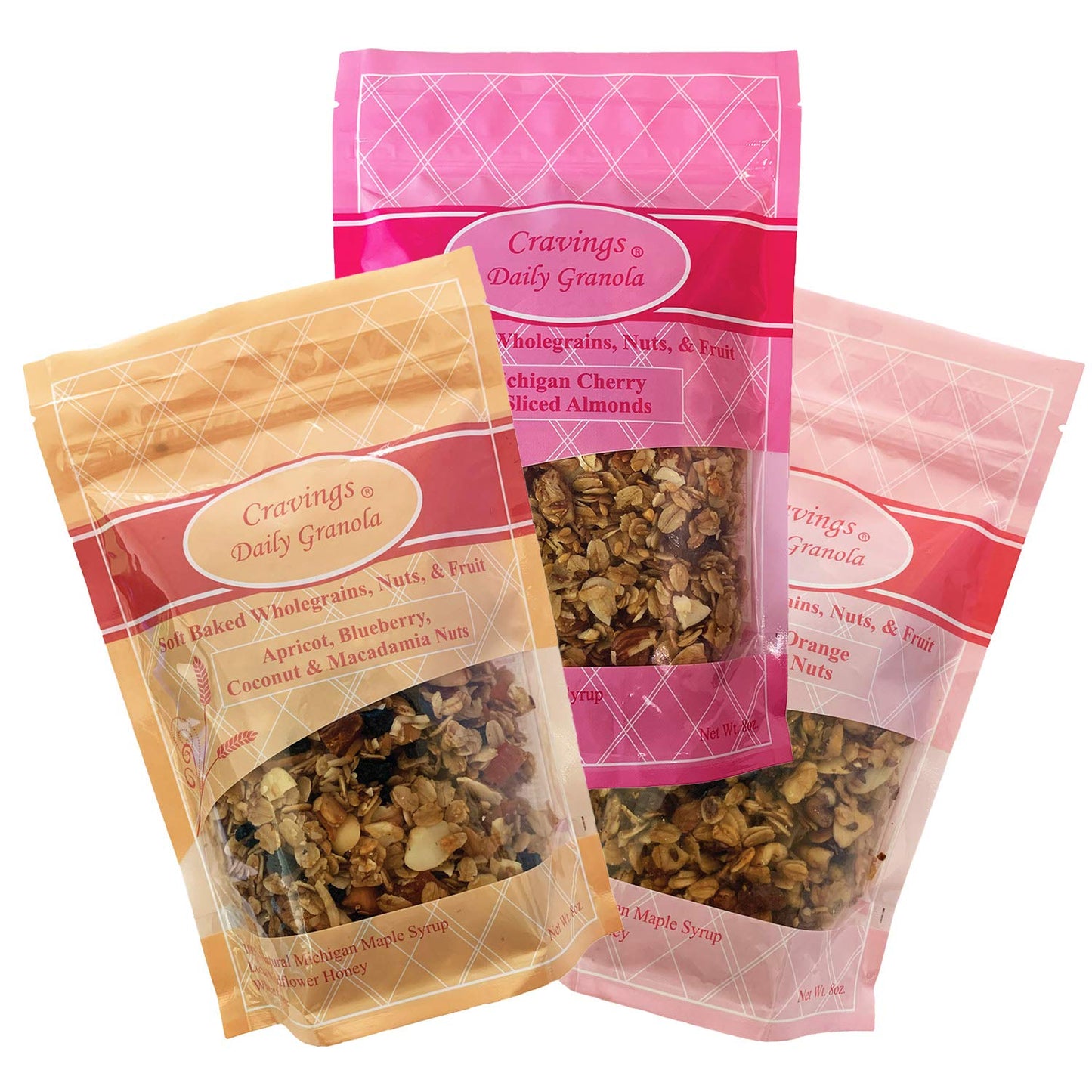 Cravings Daily Granola Variety- 3 Pack- Apricot, Blueberry, Coconut & Macadamia Nut, Cranberry, Orange & Roasted Nut and Michigan Cherry & Sliced
