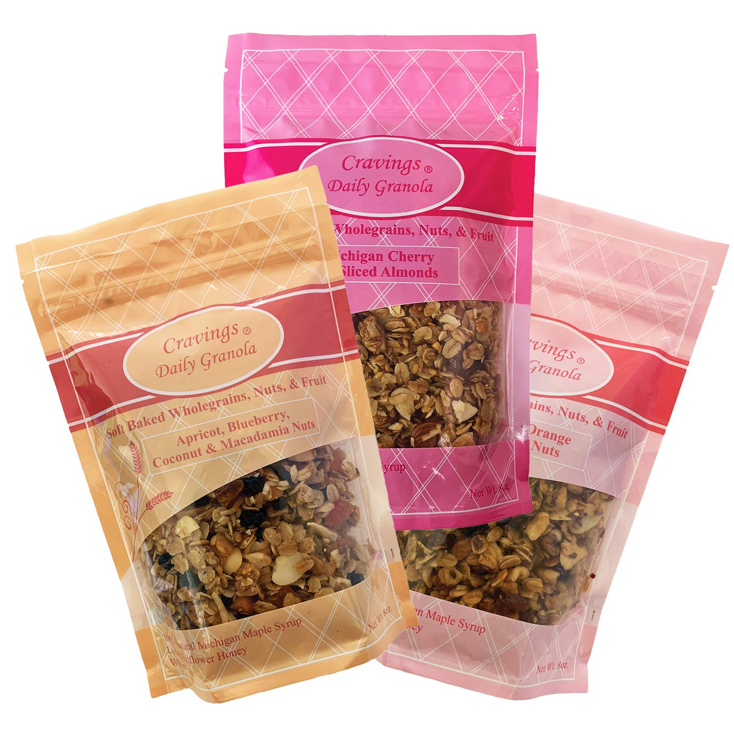 Cravings Daily Granola Variety- 3 Pack- Apricot, Blueberry, Coconut & Macadamia Nut, Cranberry, Orange & Roasted Nut and Michigan Cherry & Sliced