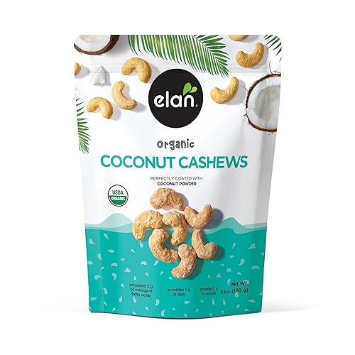 Elan Organic Coconut Cashews, 5.6 oz, Non-GMO, Gluten-Free, Vegan, Kosher, Glazed Nuts (Roasted Cashews, Coconut Milk Powder, Himalayan Pink Salt)