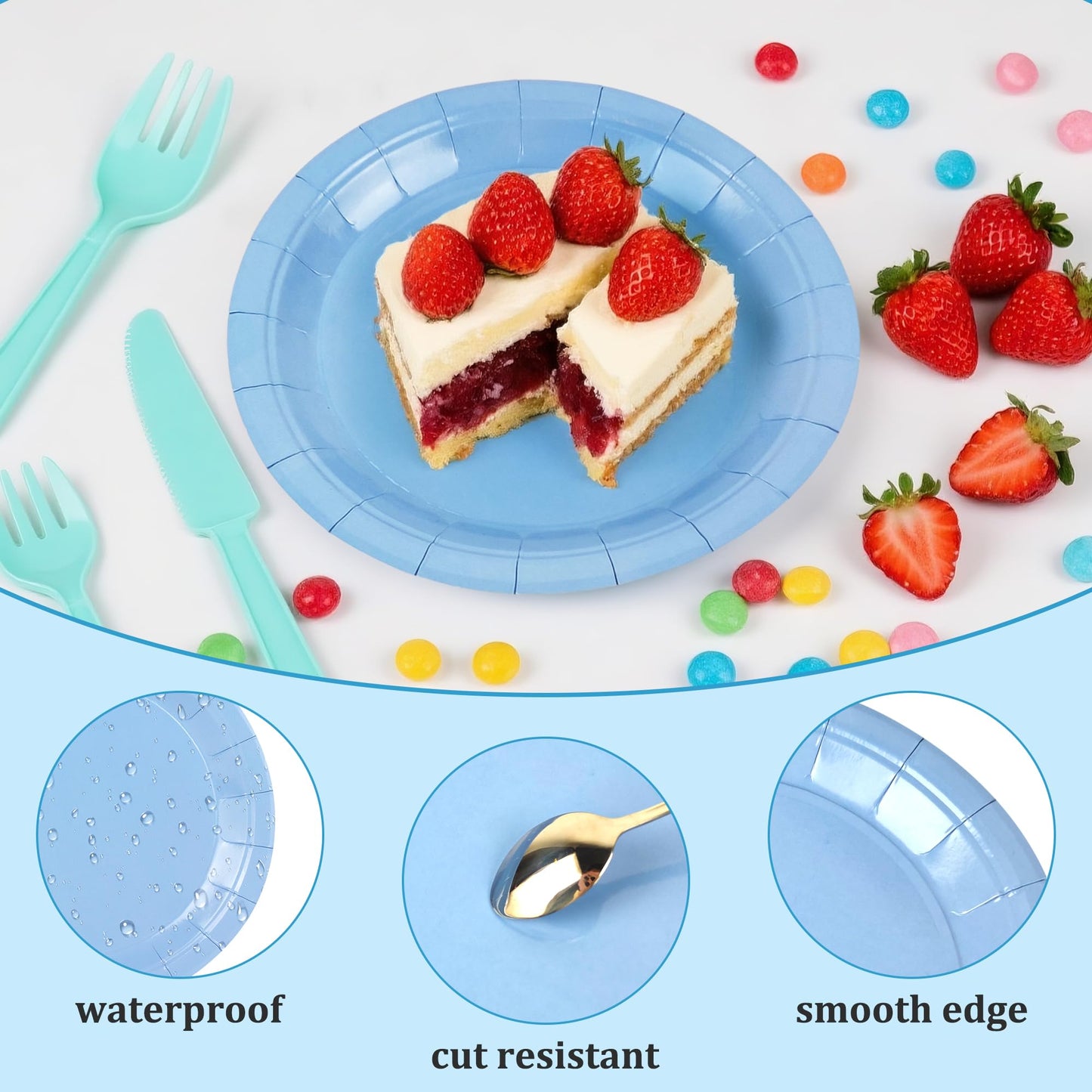 Axigundaone 144 Pcs Dusty Blue Paper Plates Bulk, 7 Inch Gradient Blue Cake Plate Disposable, Round Dessert Paper Plates for Birthday, Wedding, Party