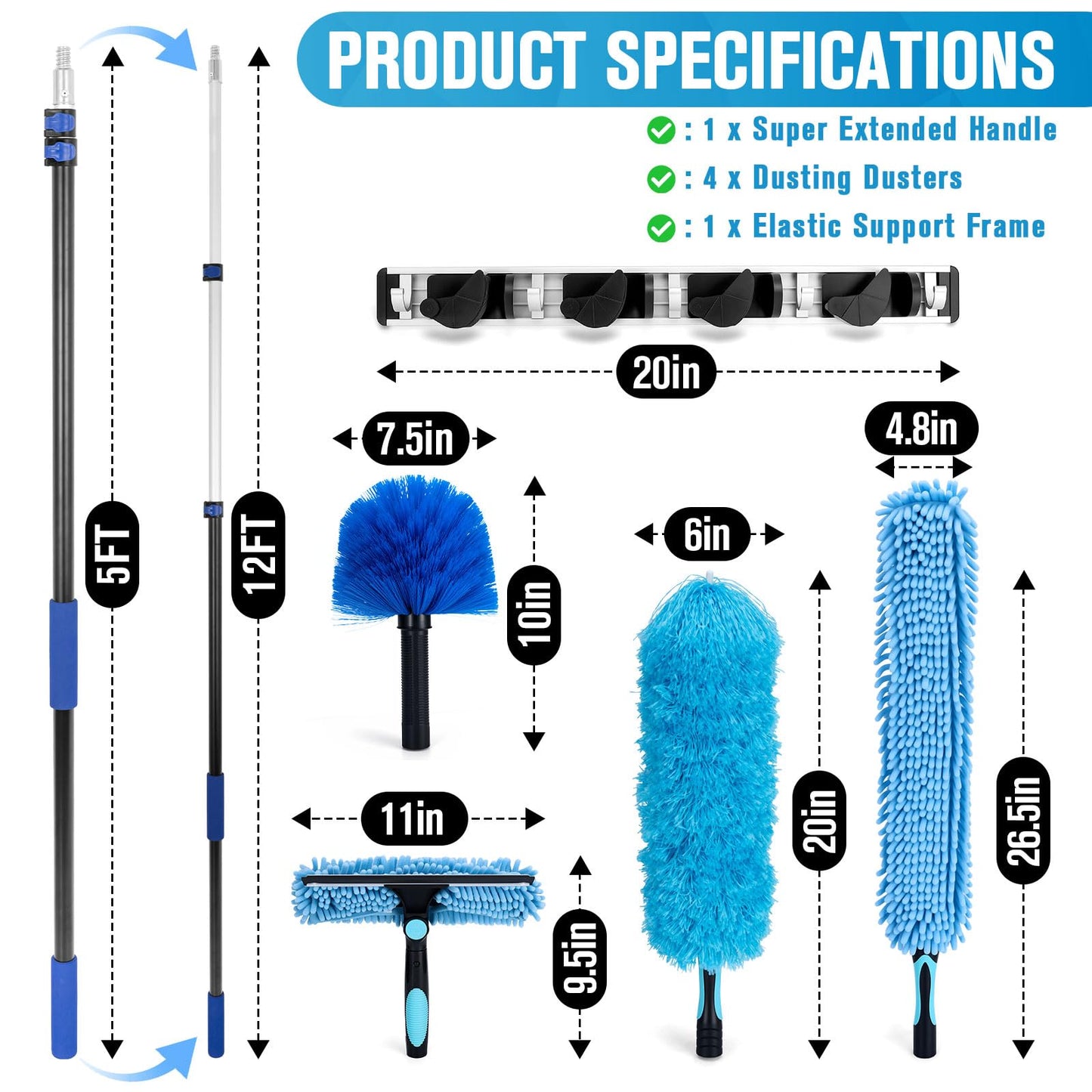 Cobweb Duster with Extension Pole, 20Ft Ceiling Fan Cleaner Duster, High Ceiling Duster Kit with 5-12Ft Telescoping Extension Pole, Long Handle Duster