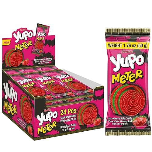 Ceres Gourmet Sour Gummy Bulk Candy Belts 24 Pack (1.76oz Each) Individual Packets, Strawberry Flavored Sugar Coated Ribbon Candy Strips, Soft Chewy