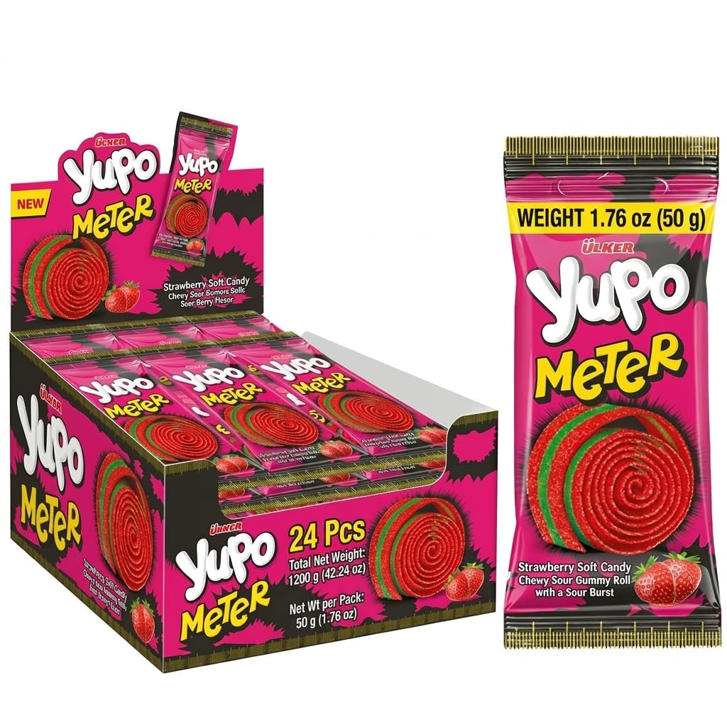 Ceres Gourmet Sour Gummy Bulk Candy Belts 24 Pack (1.76oz Each) Individual Packets, Strawberry Flavored Sugar Coated Ribbon Candy Strips, Soft Chewy