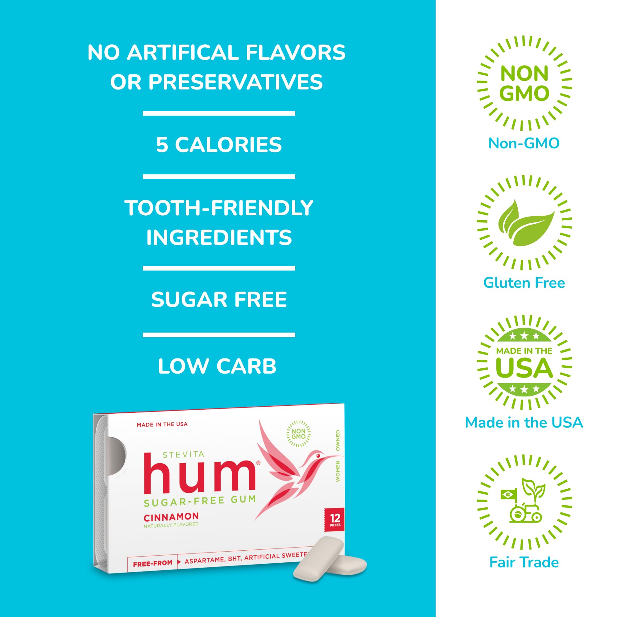 Stevita Hum, Cinnamon - Sugar-Free Gum - 12 Pieces, Pack of 12 - Supports Oral Health -, Non-GMO, Vegetarian, Keto, Gluten Free - 72 Total Servings