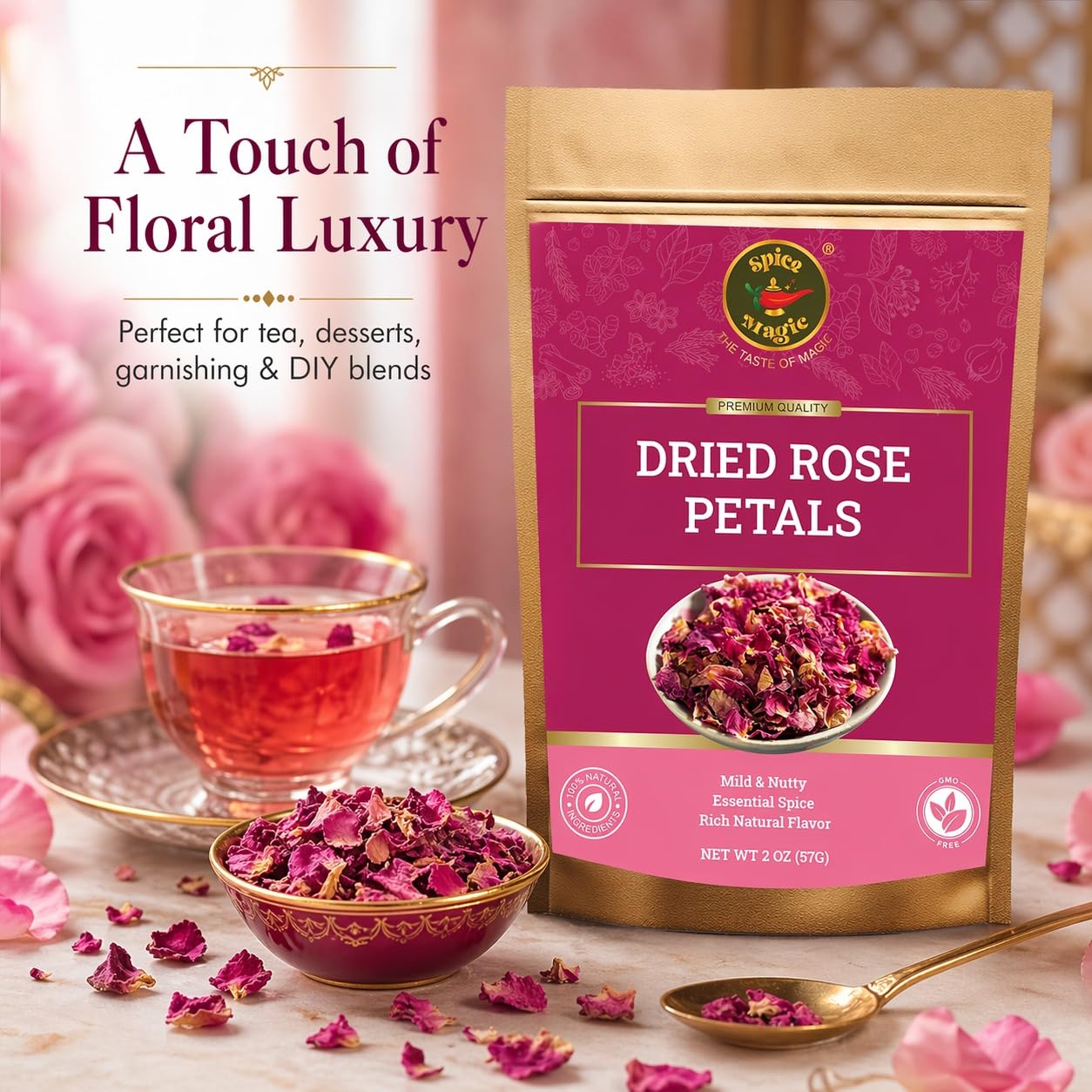Spice Magic Dried Rose Petals | 100% Natural & Edible Rose Petals I Perfect for Herbal Teas, Desserts, Cupcake Toppings, Crafts and Decoration | Net