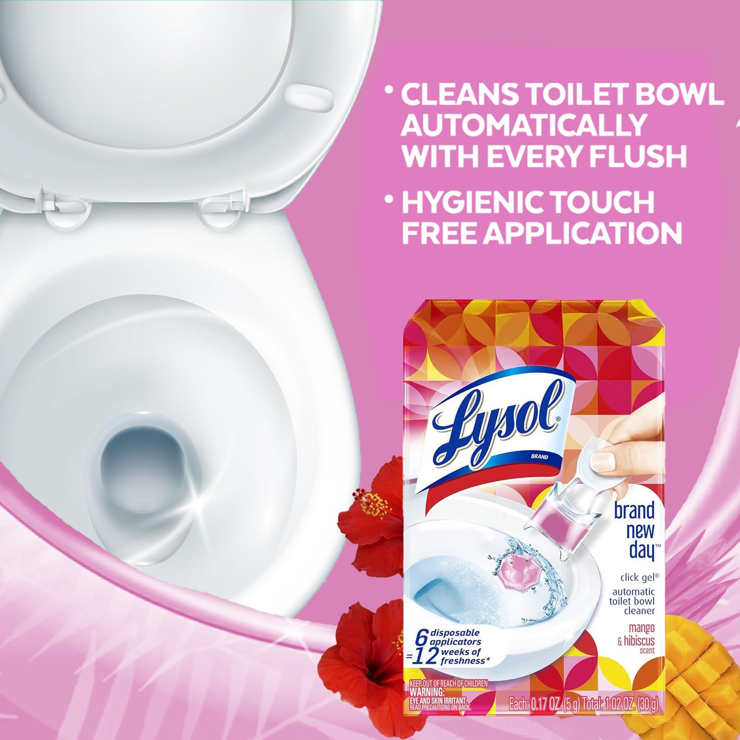 Lysol Click Gel Automatic Toilet Bowl Cleaner, Toilet Gel Stamp, Toilet Freshener, Bathroom Essentials, Refreshing Mango & Hibiscus Scent, 6 Count