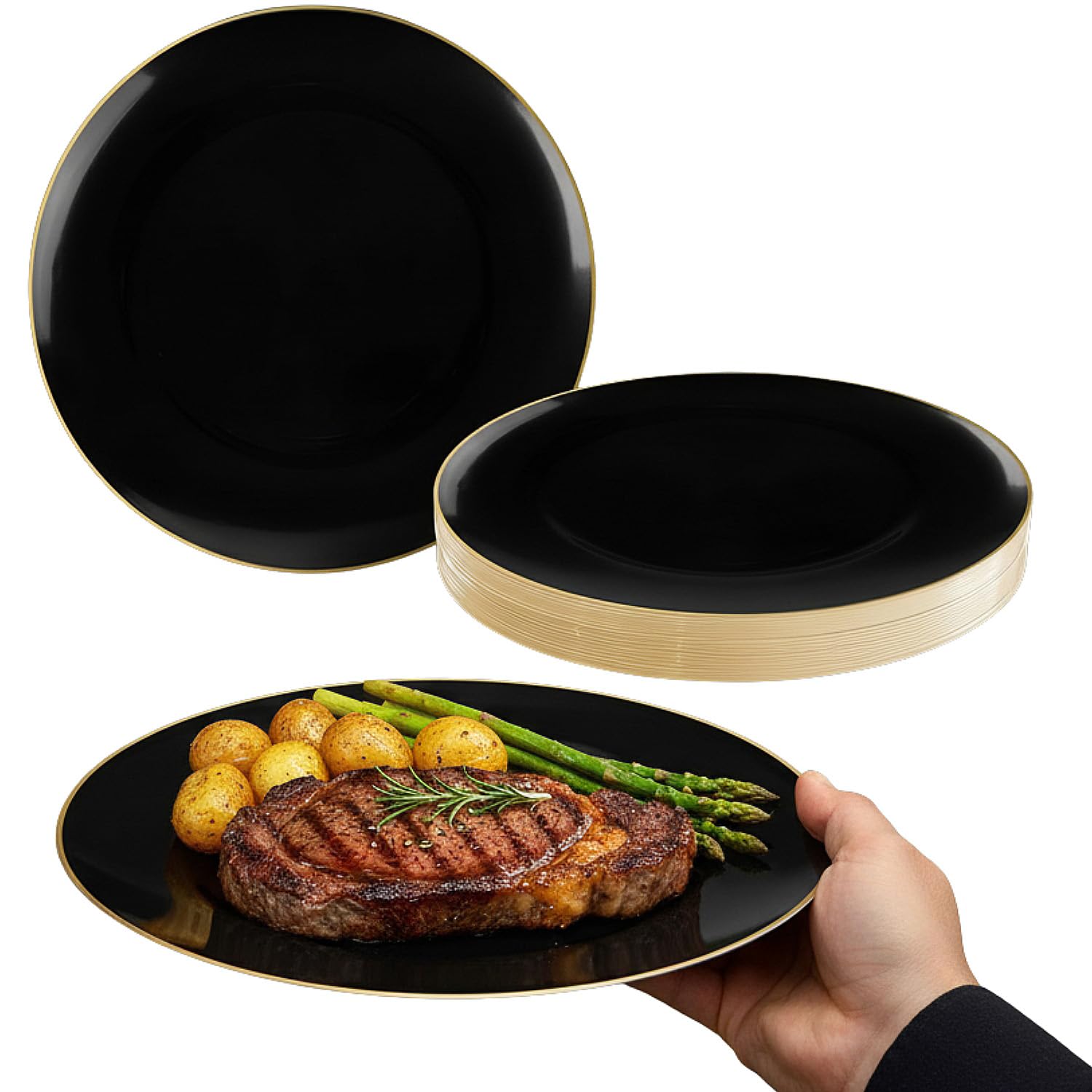 Blue Sky Organic Black/Gold Rim Plates (10 Pack) - 9" Elegant Plastic Disposable Dishware for Parties & Events