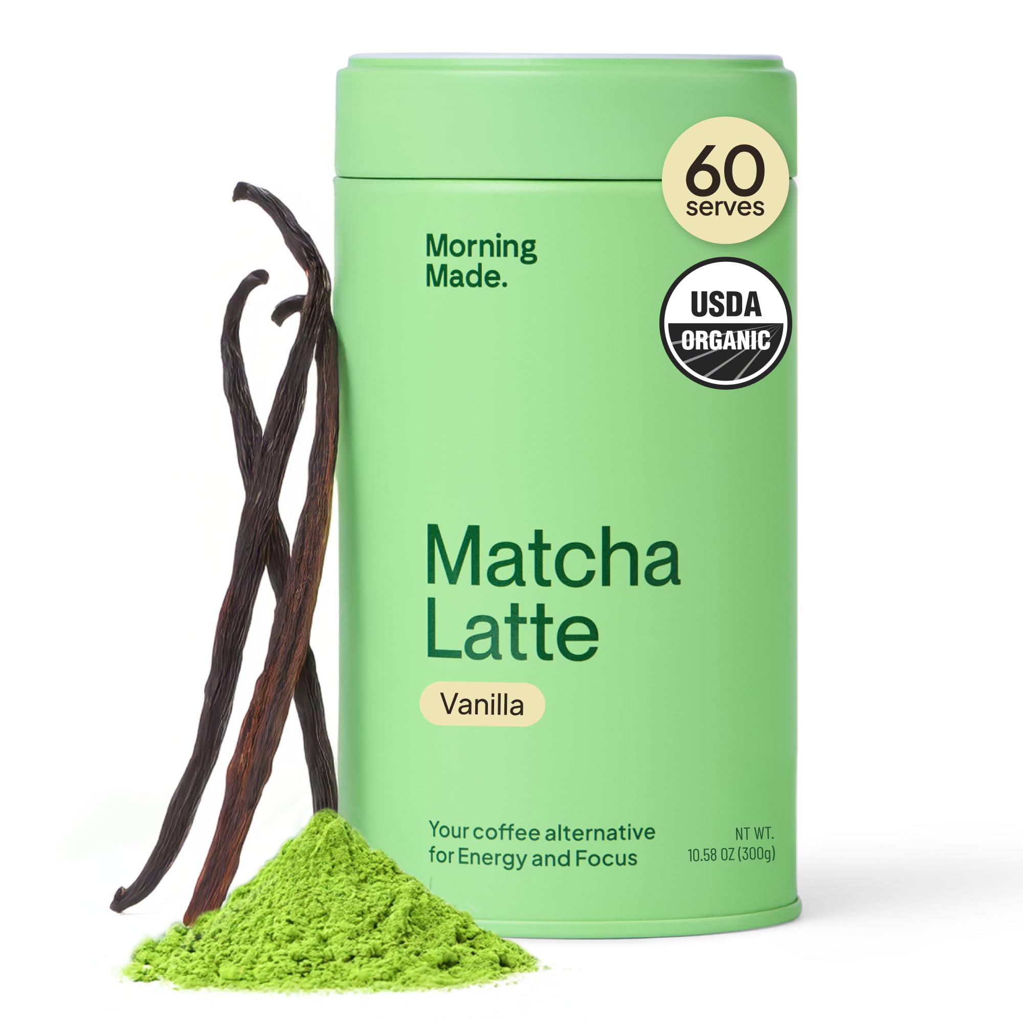 Morning Made 10.6 oz Vanilla Ceremonial Grade Matcha Powder - 60 Servings, Sweetened, USDA Organic - Premium Japanese Green Tea in Resealable Tin