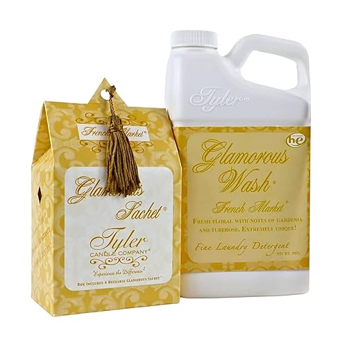 Elanze Designs Tyler Candle FRENCH MARKET - Glam Wash - 32 Ounce Liquid Laundry Detergent and Scented Sachet Bundle