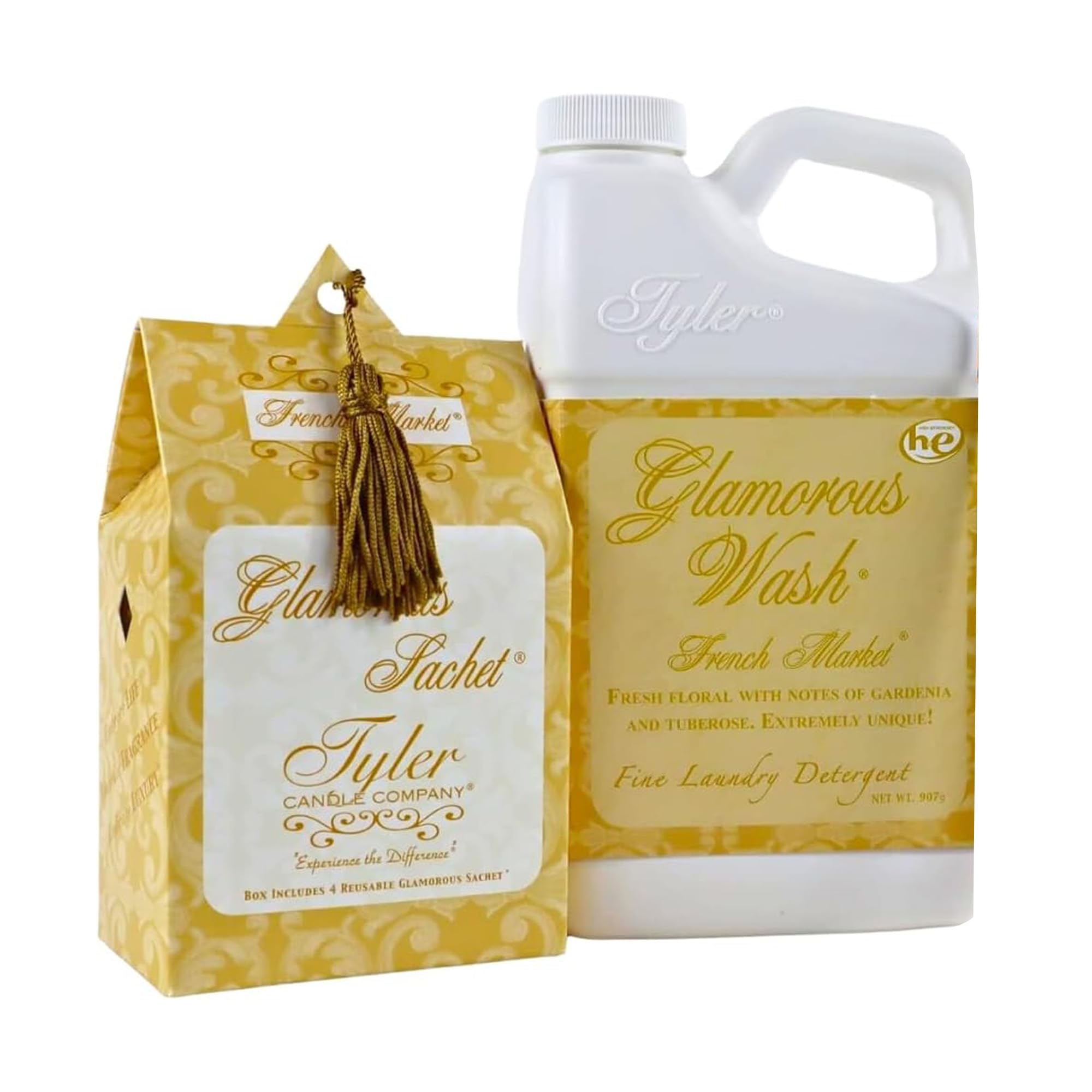 Elanze Designs Tyler Candle FRENCH MARKET - Glam Wash - 32 Ounce Liquid Laundry Detergent and Scented Sachet Bundle