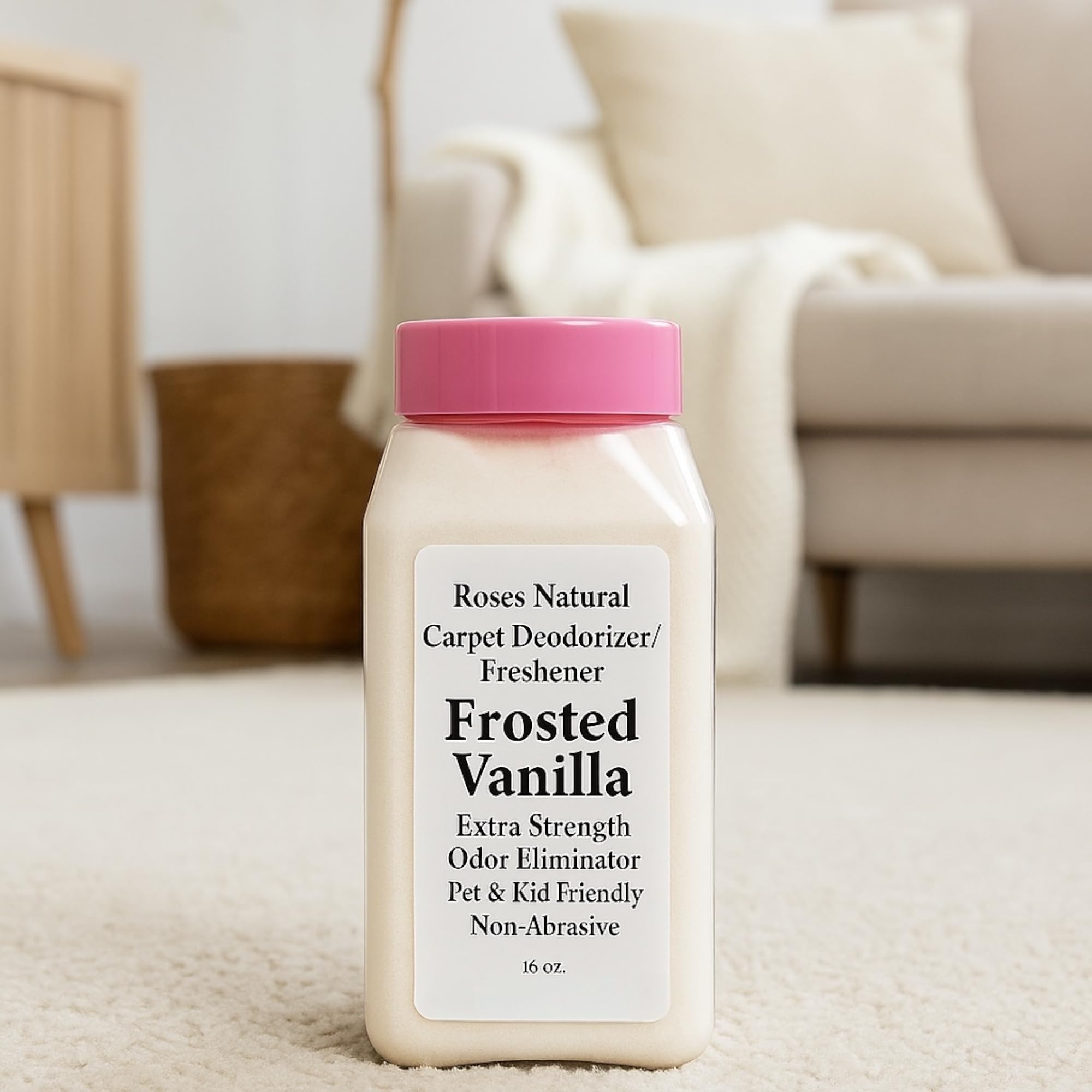Roses Natural Carpet Deodorizer and Freshener, Inspired by Ice Vanilla Woods, Extra Strength, Pet & Kid Safe, Vanilla Pumpkin Scent, 16 oz (Frosted