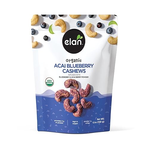 Elan Organic Acai Blueberry Cashews, 5.3 oz, Non-GMO, Vegan, Gluten-Free, Kosher, Glazed Nuts (Roasted Cashews, Acai Berry Powder, Blueberry Juice
