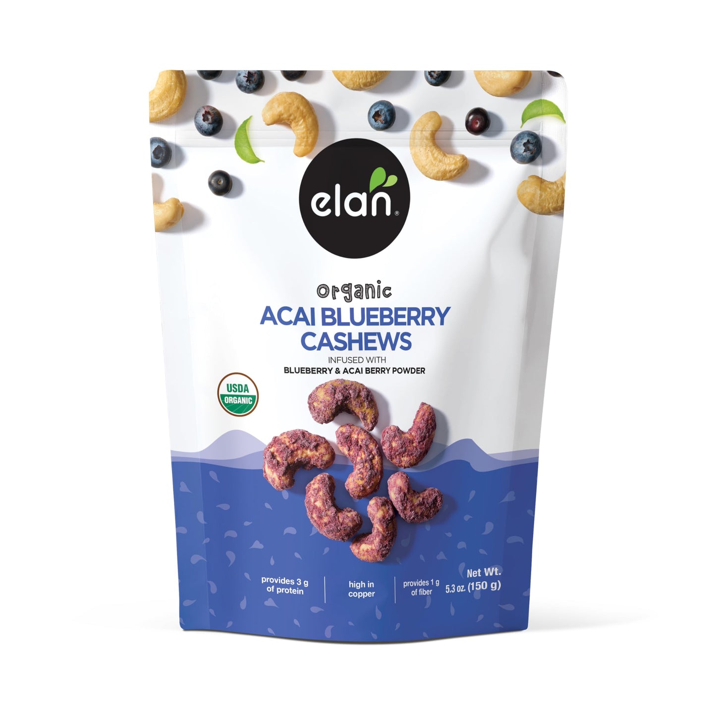 Elan Organic Acai Blueberry Cashews, 5.3 oz, Non-GMO, Vegan, Gluten-Free, Kosher, Glazed Nuts (Roasted Cashews, Acai Berry Powder, Blueberry Juice