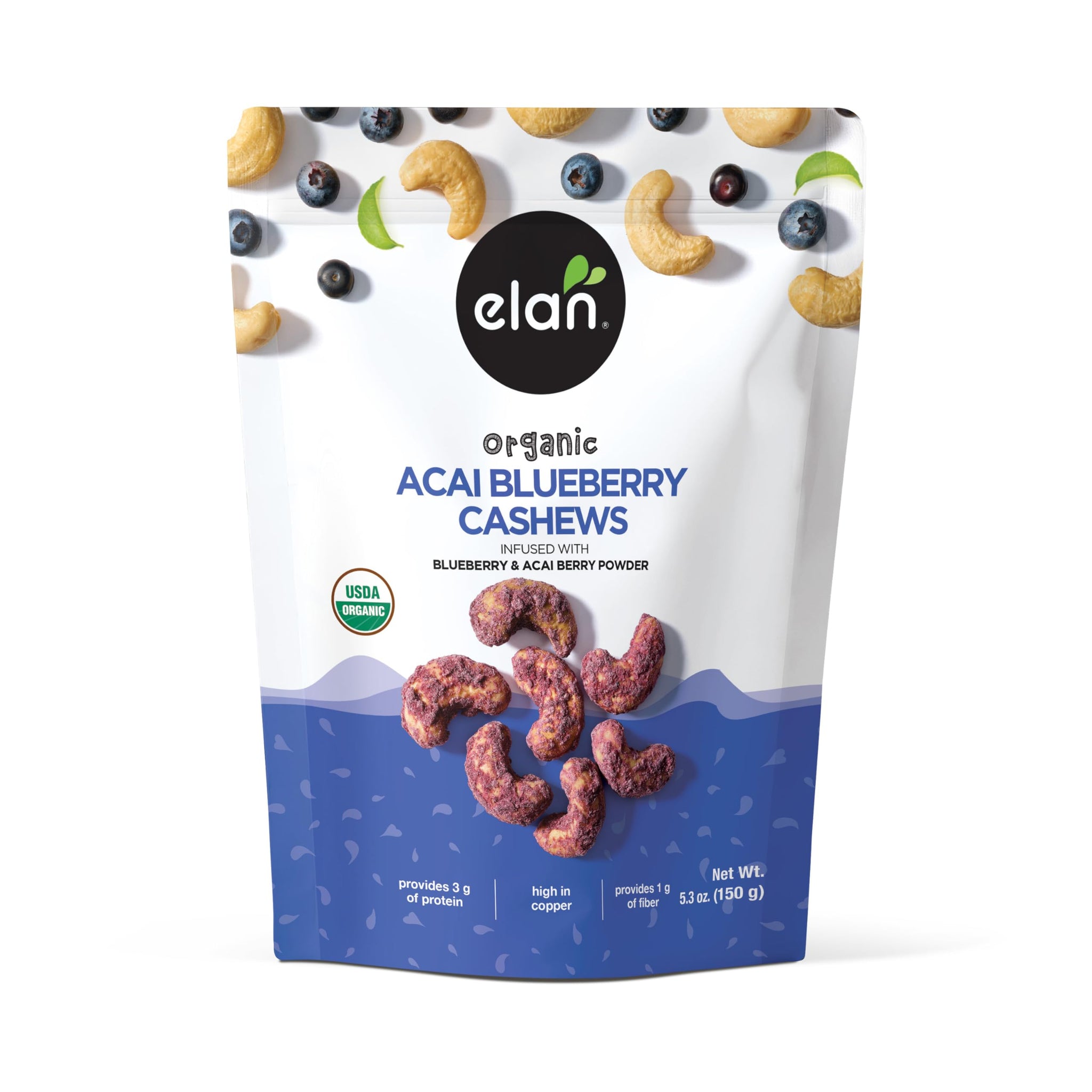 Elan Organic Acai Blueberry Cashews, 5.3 oz, Non-GMO, Vegan, Gluten-Free, Kosher, Glazed Nuts (Roasted Cashews, Acai Berry Powder, Blueberry Juice