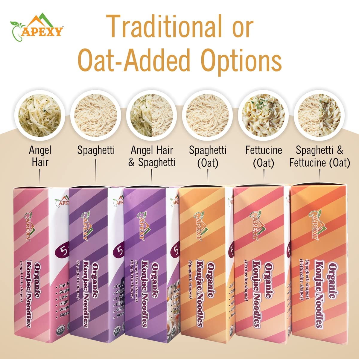 Apexy Organic Shirataki Konjac Noodle with Organic Oat Flour 42.24oz 8 Pouches Inside Healthy Diet, Low Calorie, Low-Carb Gluten Free, Vegan, Keto