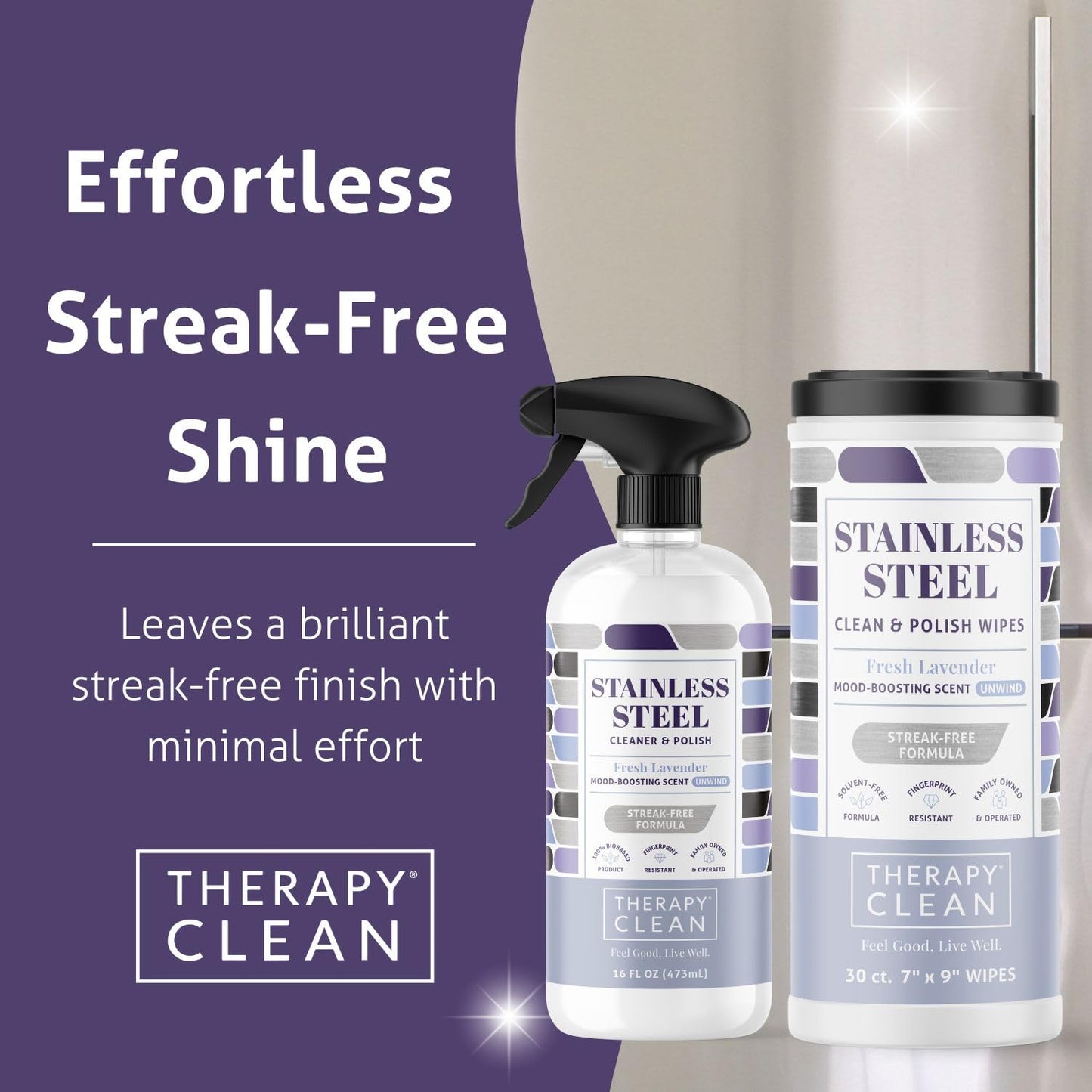 Therapy Stainless Steel Cleaner and and Polish Wipes Bundle with Microfiber Cloth - Remove Fingerprints from Appliances, Sinks, Fridge, Grill
