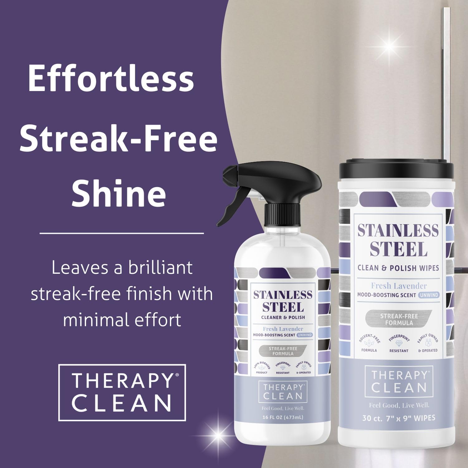 Therapy Stainless Steel Cleaner and and Polish Wipes Bundle with Microfiber Cloth - Remove Fingerprints from Appliances, Sinks, Fridge, Grill