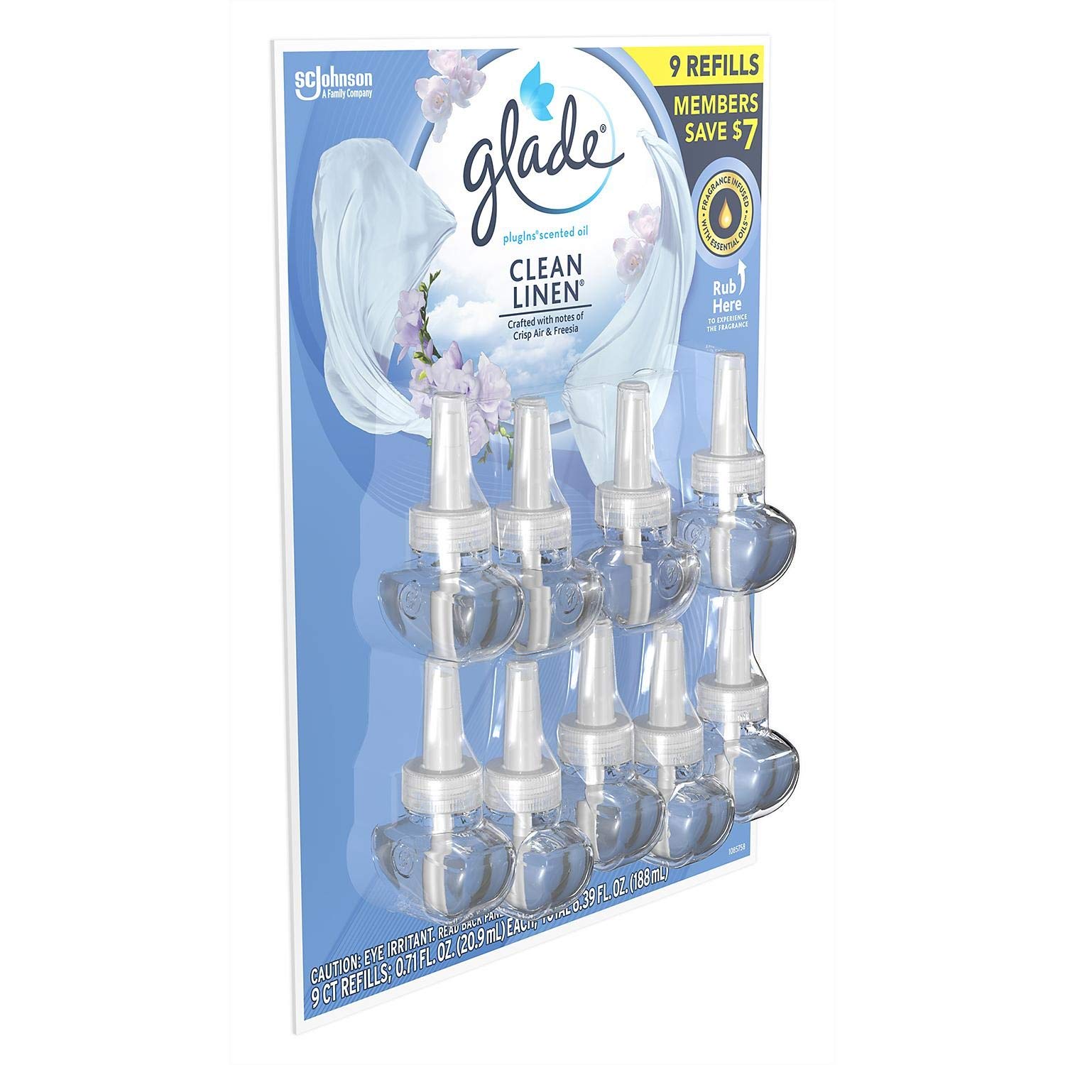 Glade PlugIns Scented Oil Refill, Essential Oil Infused Wall Plug in, 6.39 fl. oz, 9 ct. (Clean LIne)